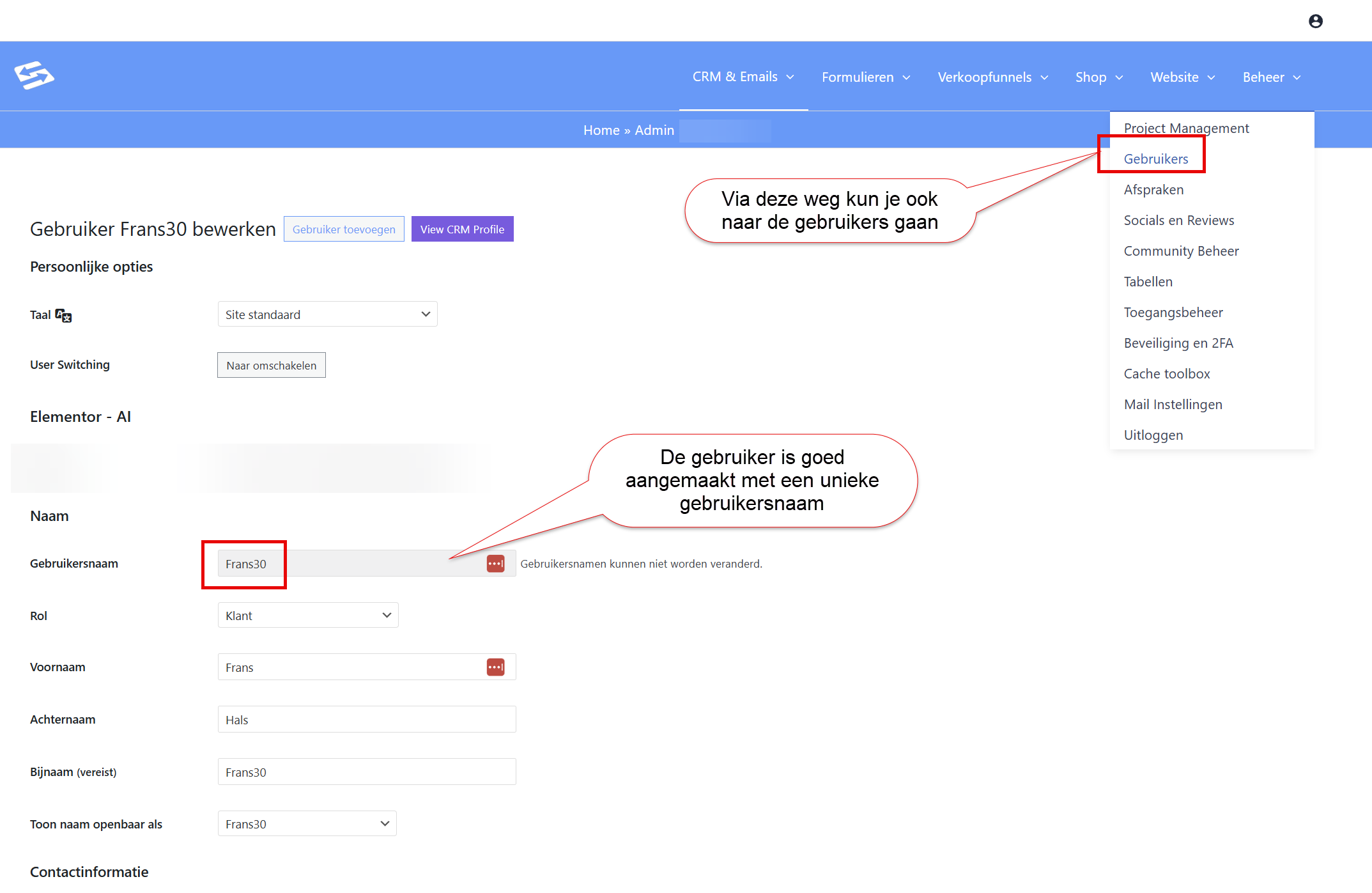 The new user in the user list