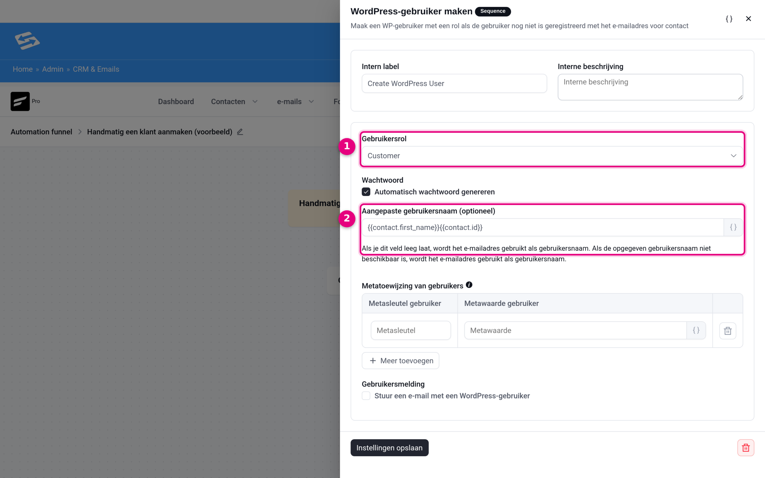The settings of the Create WordPress user action