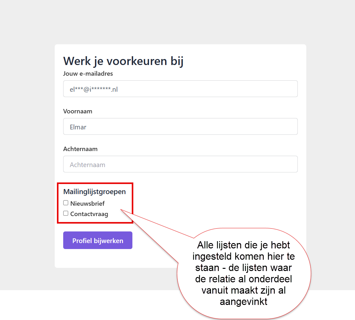 The email preferences page as a contact sees it
