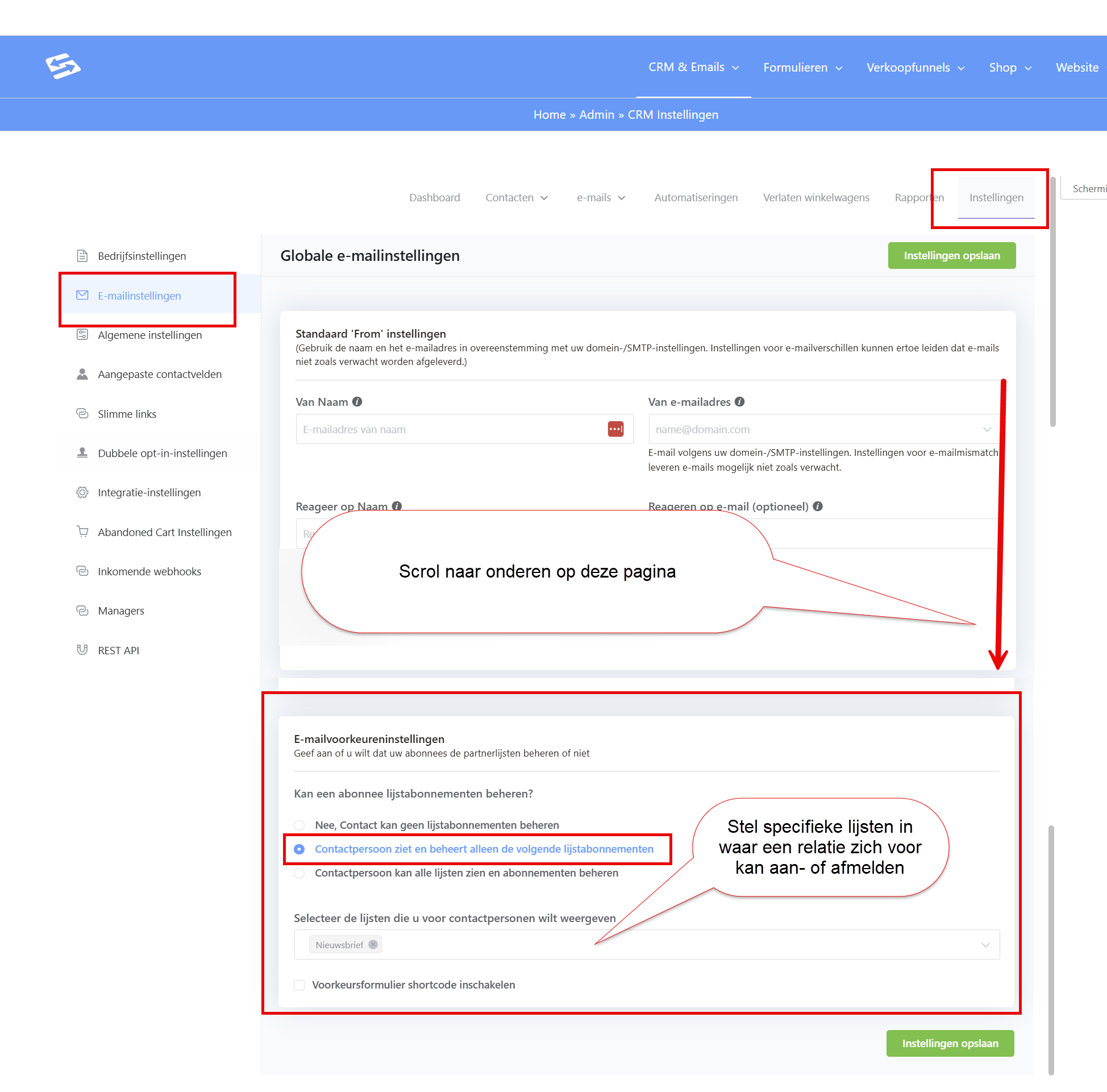 Email preference settings under CRM, Settings, Email settings