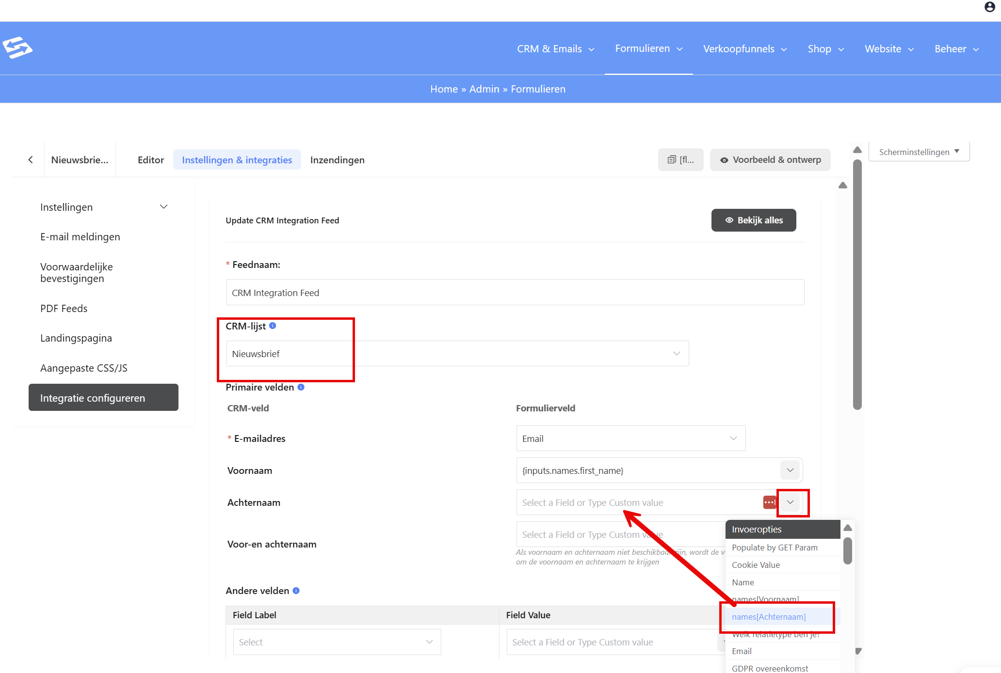 Mapping form fields to CRM fields