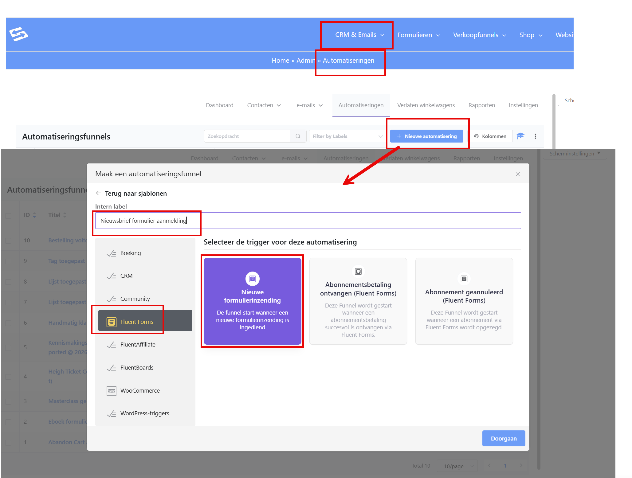 Choosing a form submission as the start trigger of an automation