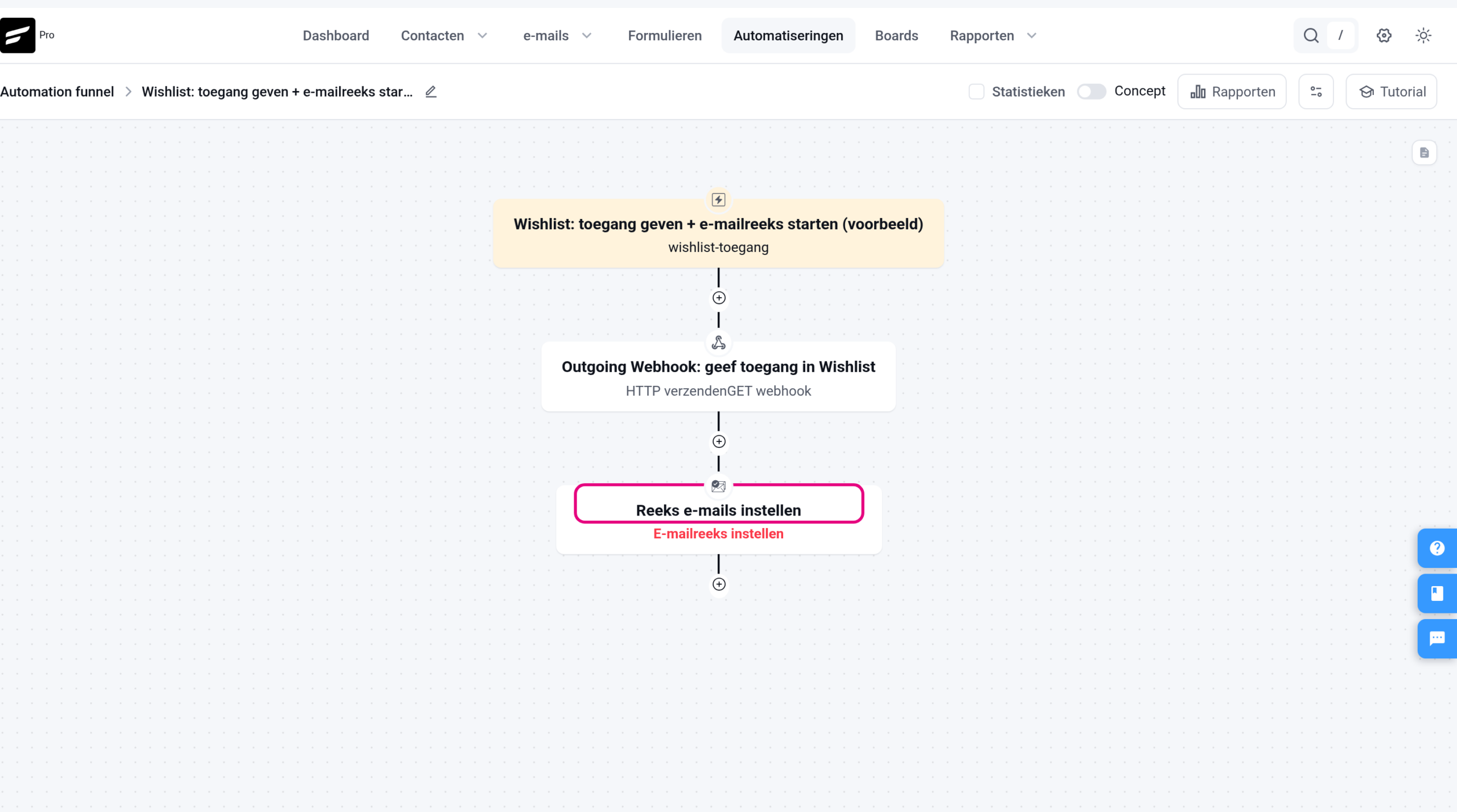 Automation with a tag trigger step, Outgoing Webhook and Set email sequence
