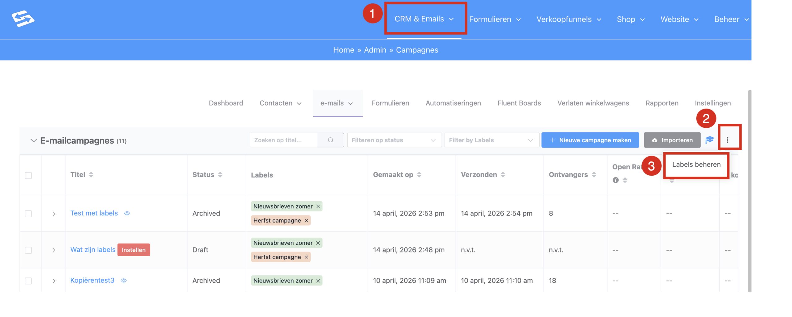 Opening Manage labels from the campaigns overview