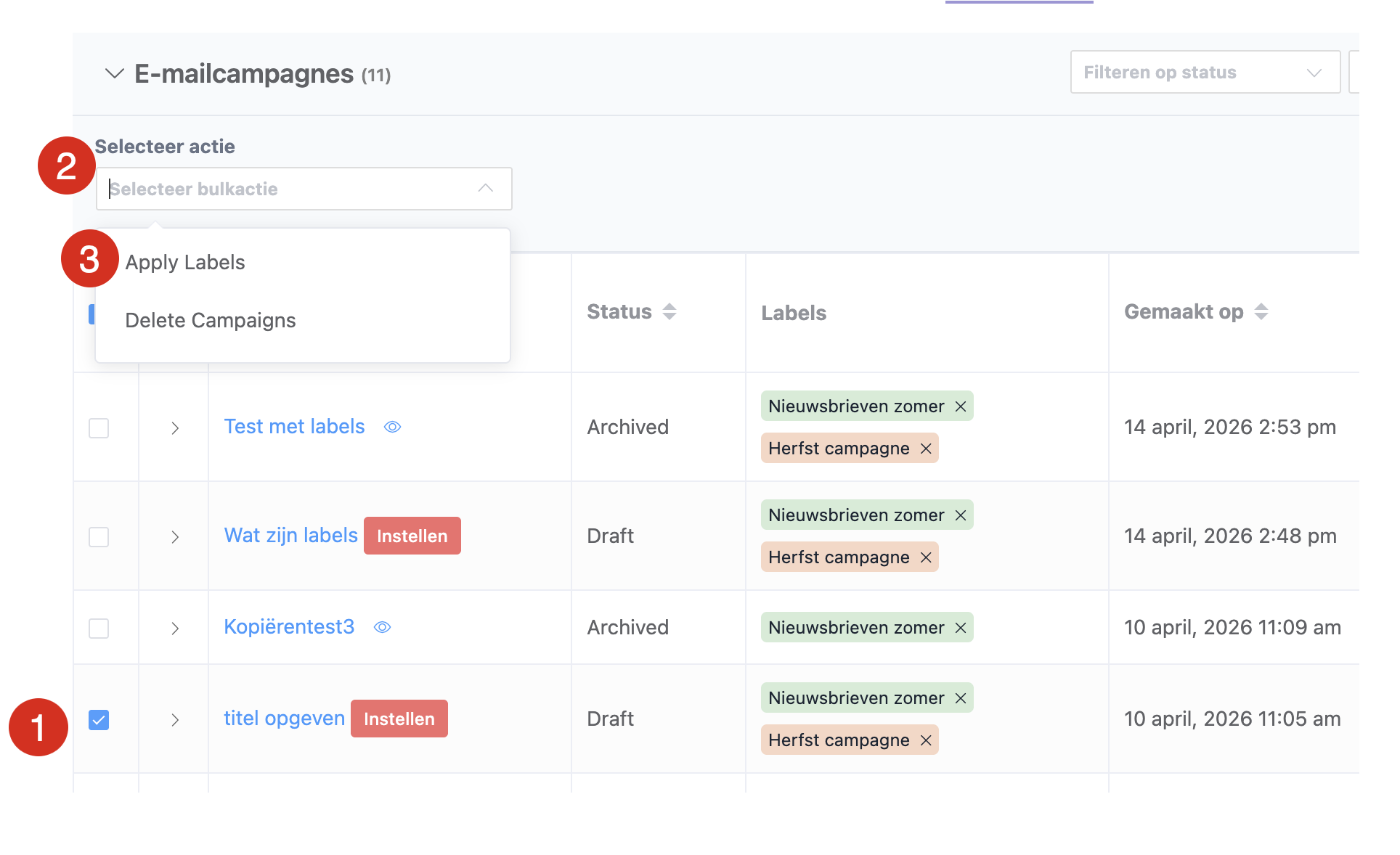 Assigning a label to a campaign with the bulk action Apply labels