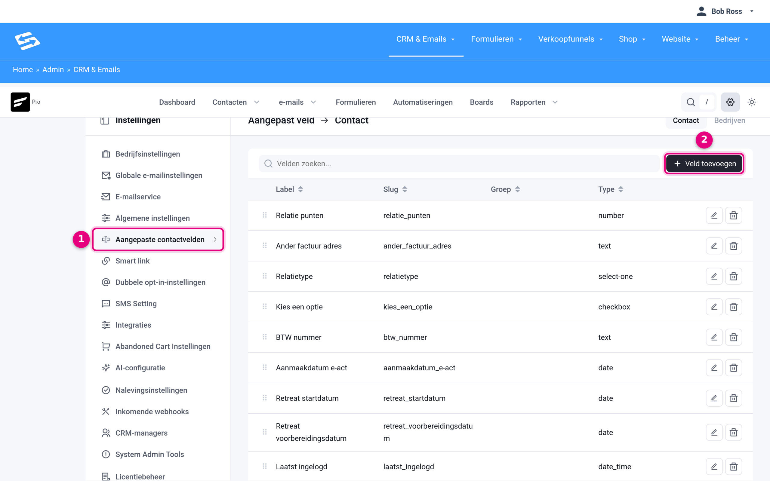 The Custom contact fields settings screen with the Add field button