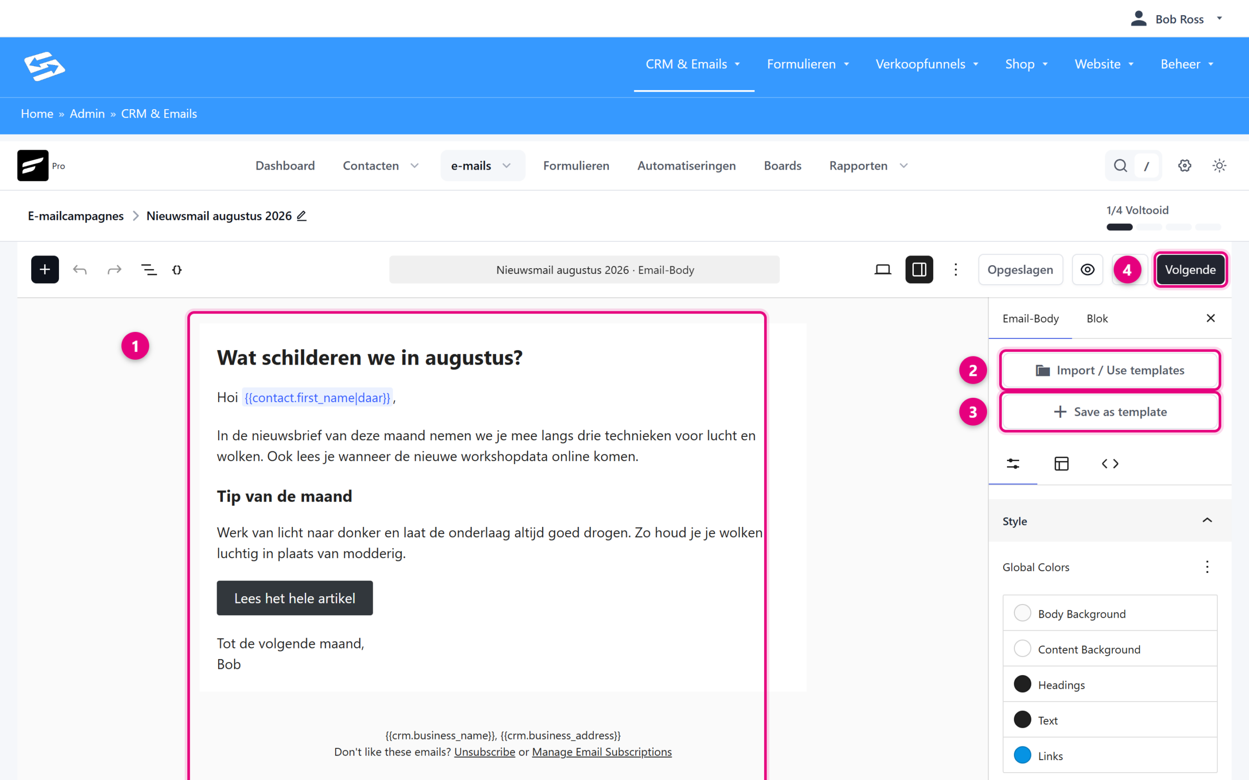 The email editor of a campaign with the buttons to import or save a template