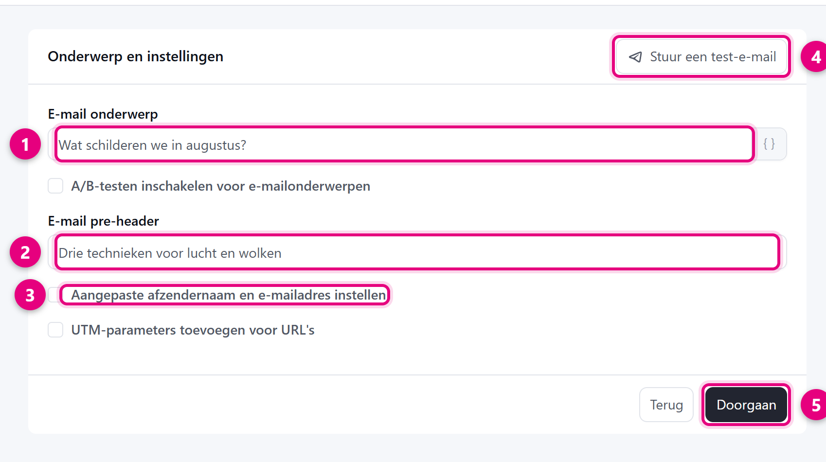 The Subject and settings step with fields for subject, pre-header and sender