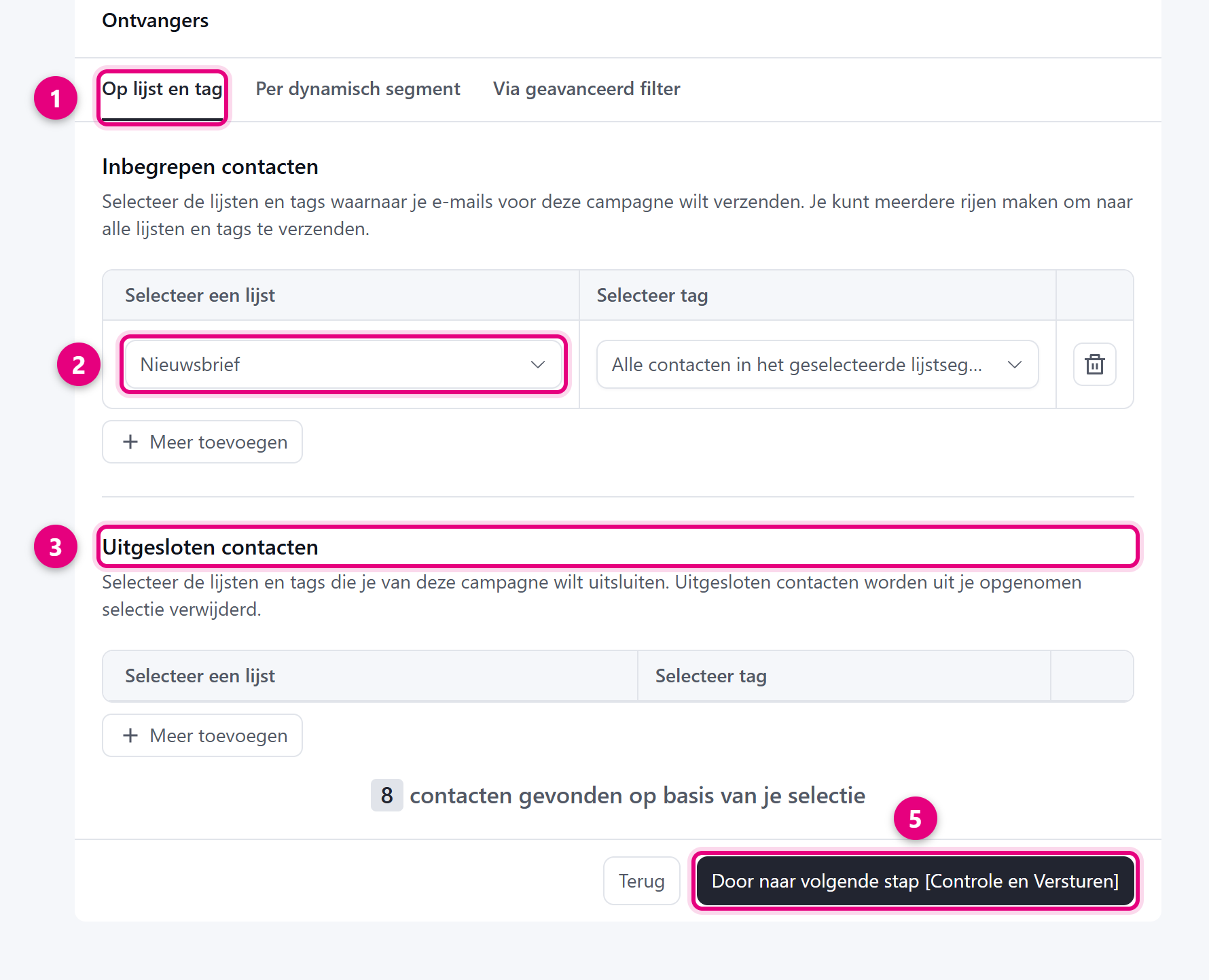 The Recipients step where a list is chosen and the number of contacts is shown