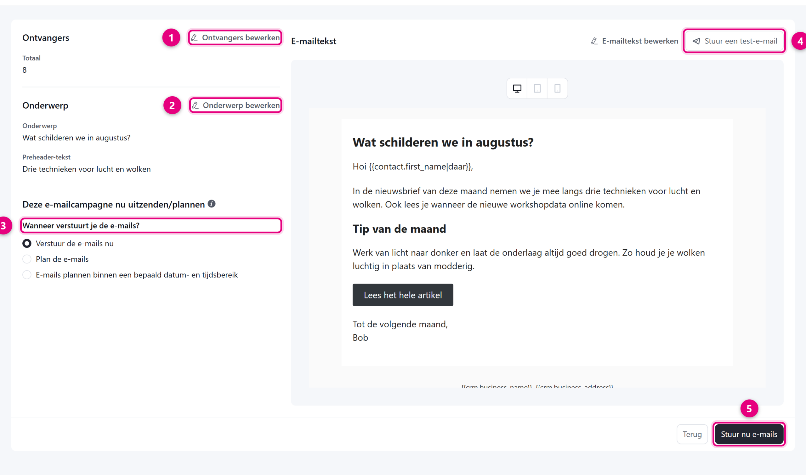 The final step with the review of recipients, subject, send moment and the send button
