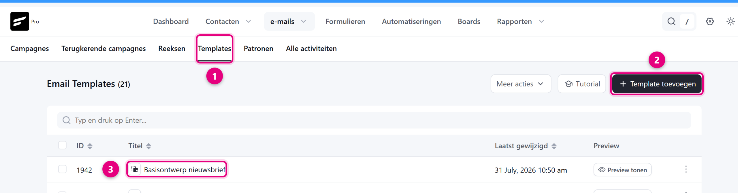 The email templates overview in Autorespond, with the Add template button