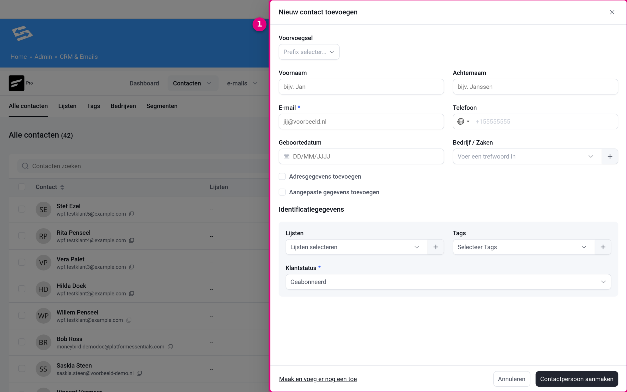 The Add new contact form