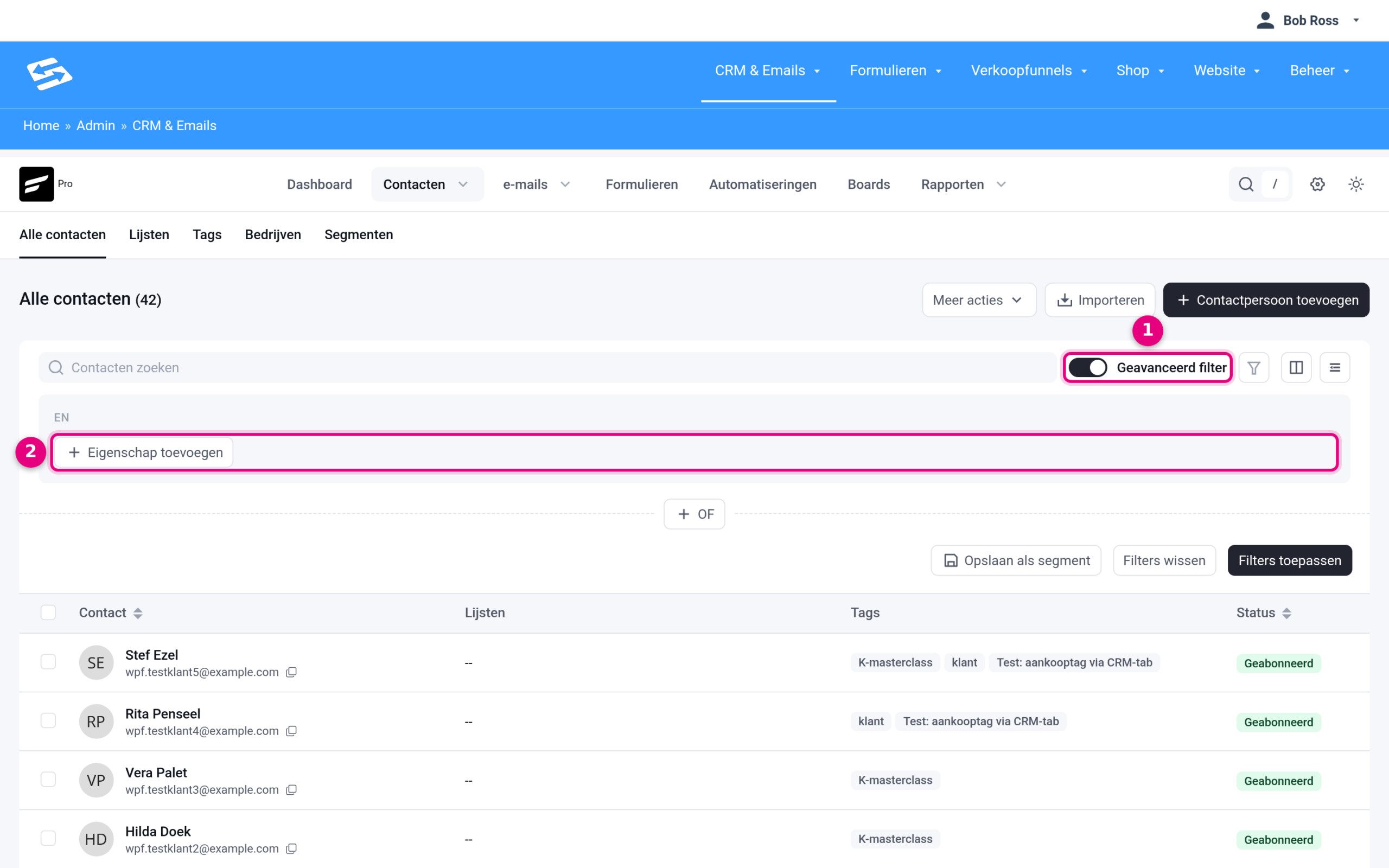 The advanced filter above the contacts overview