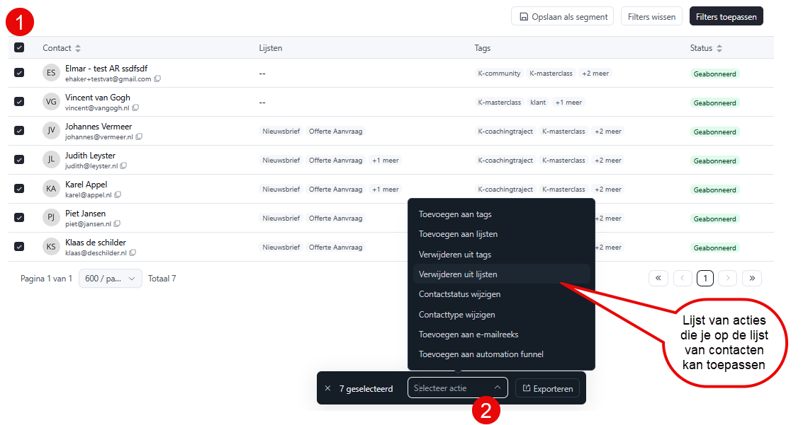 Selecting filtered contacts and choosing a follow-up action