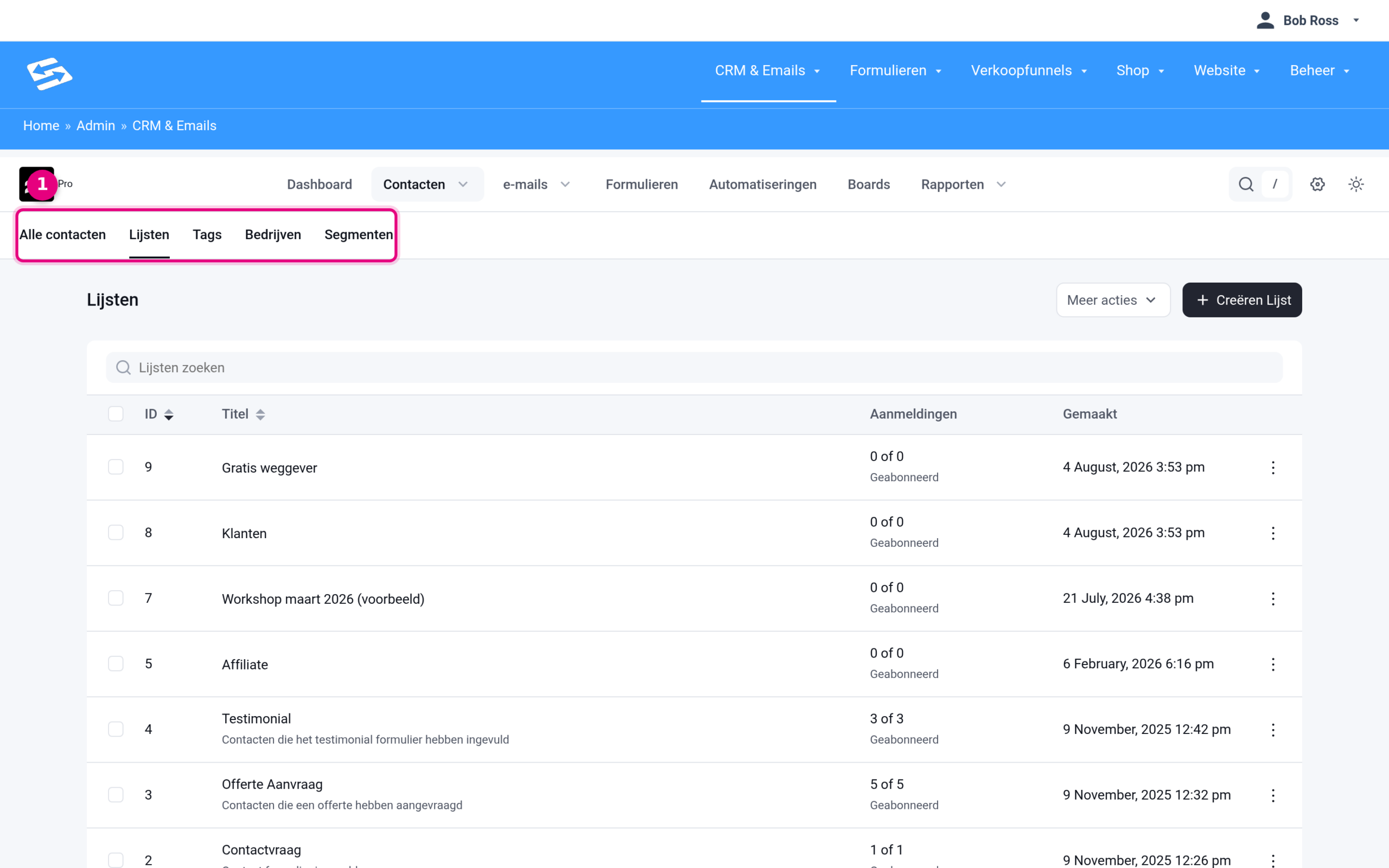 The lists overview with the All contacts, Lists, Tags, Companies and Segments tabs