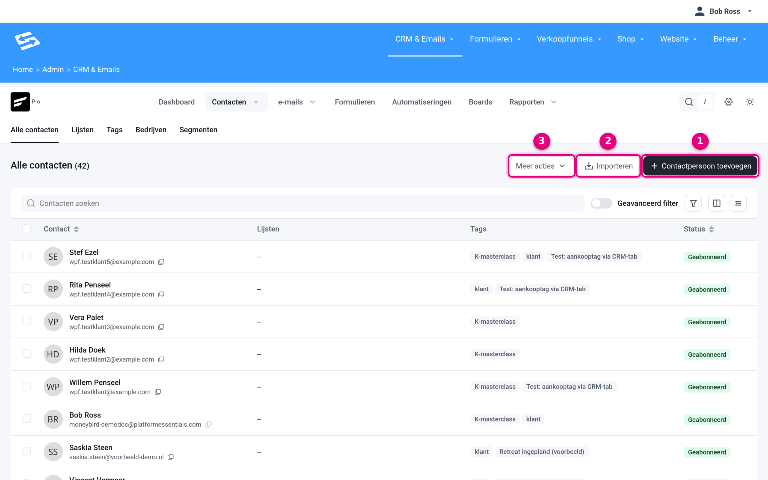 The contacts overview with the Add contact, Import and More actions buttons