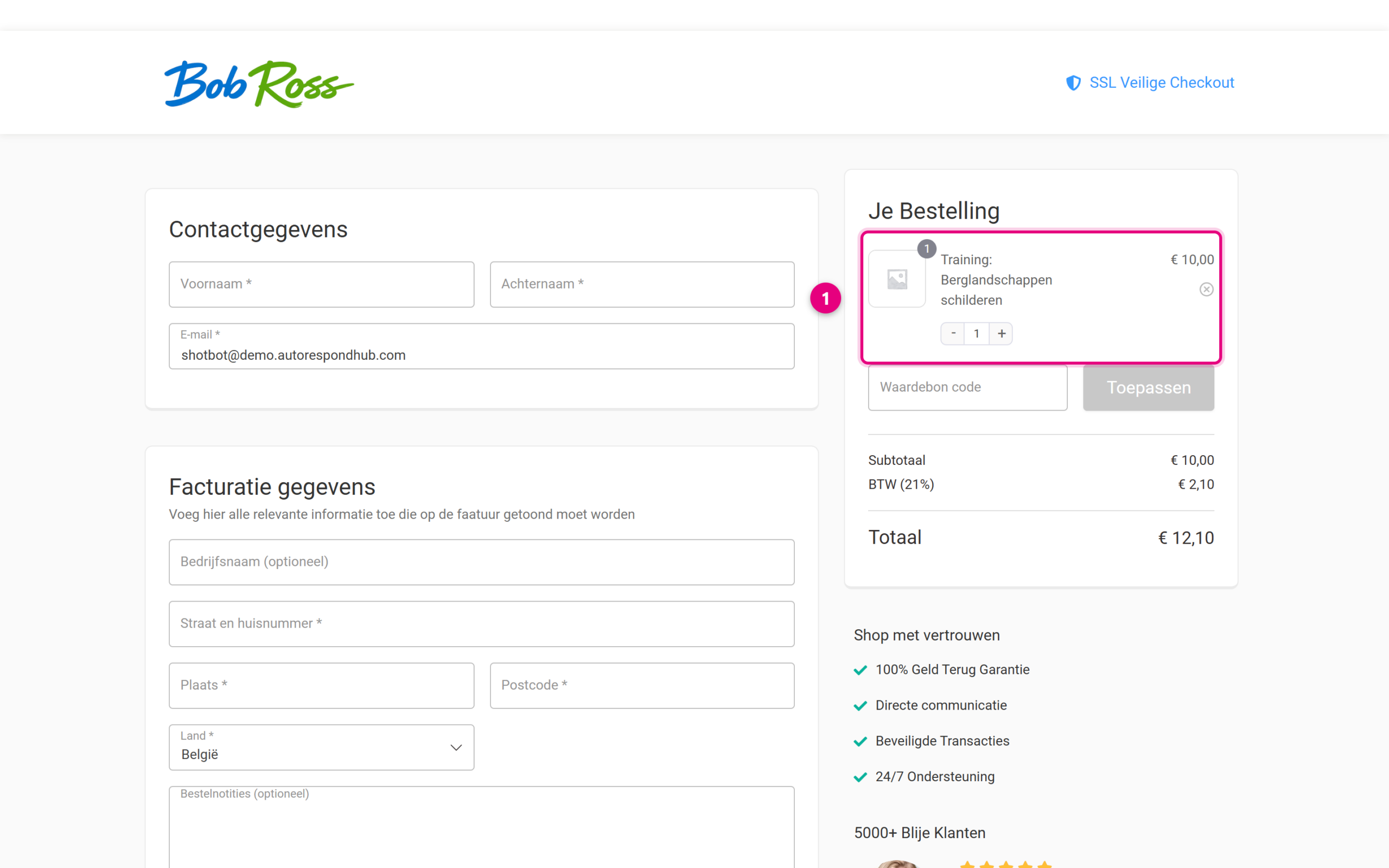 The shop checkout with the product from the order link loaded in