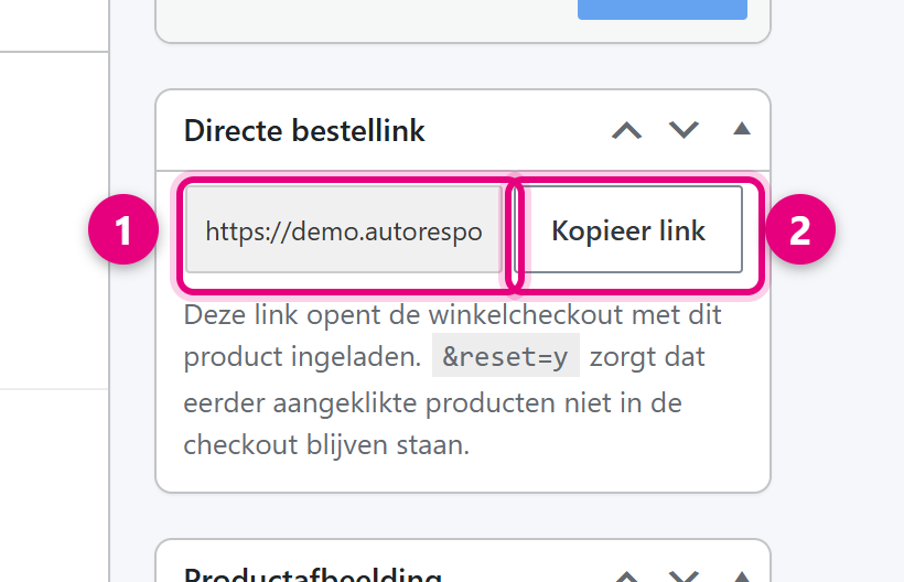 Close-up of the Direct order link block with the copy button