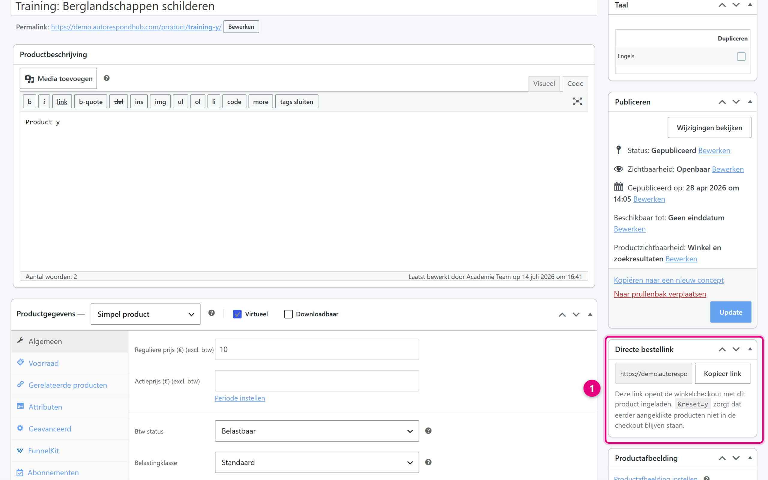 The Direct order link block in the product editor, below Publish