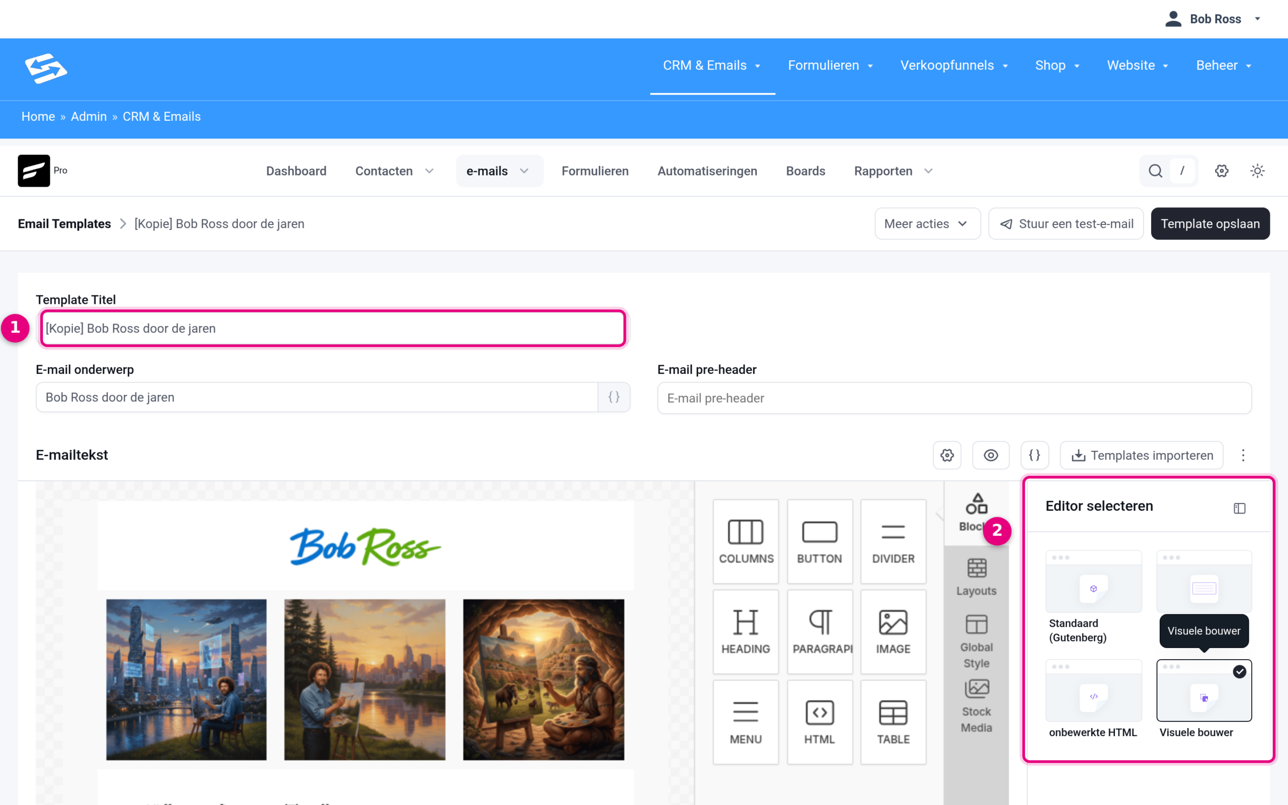 The copy of a visual template open in the Visual builder, with [Copy] in front of the title and the Select editor panel on the right with Visual builder selected