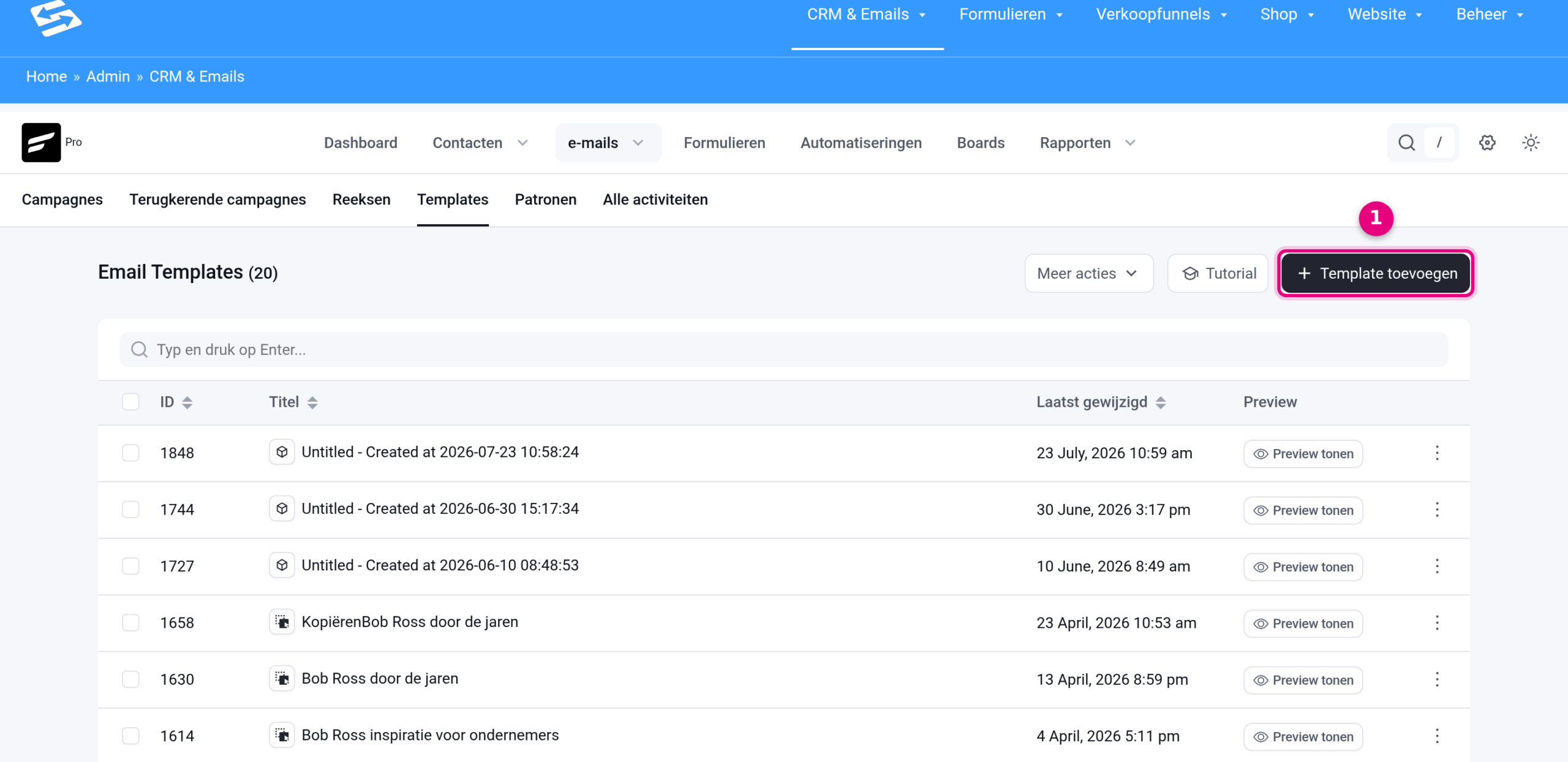 The Email Templates overview with the Add template button at the top right