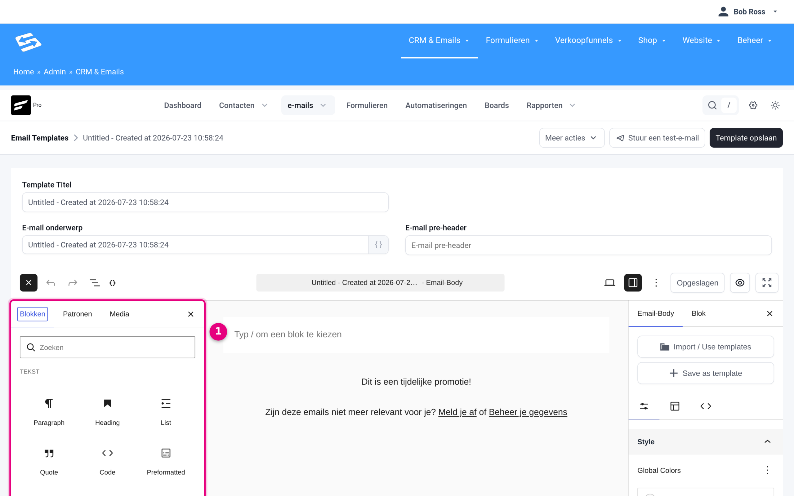 The blocks panel of the email template editor with the Blocks, Patterns and Media tabs