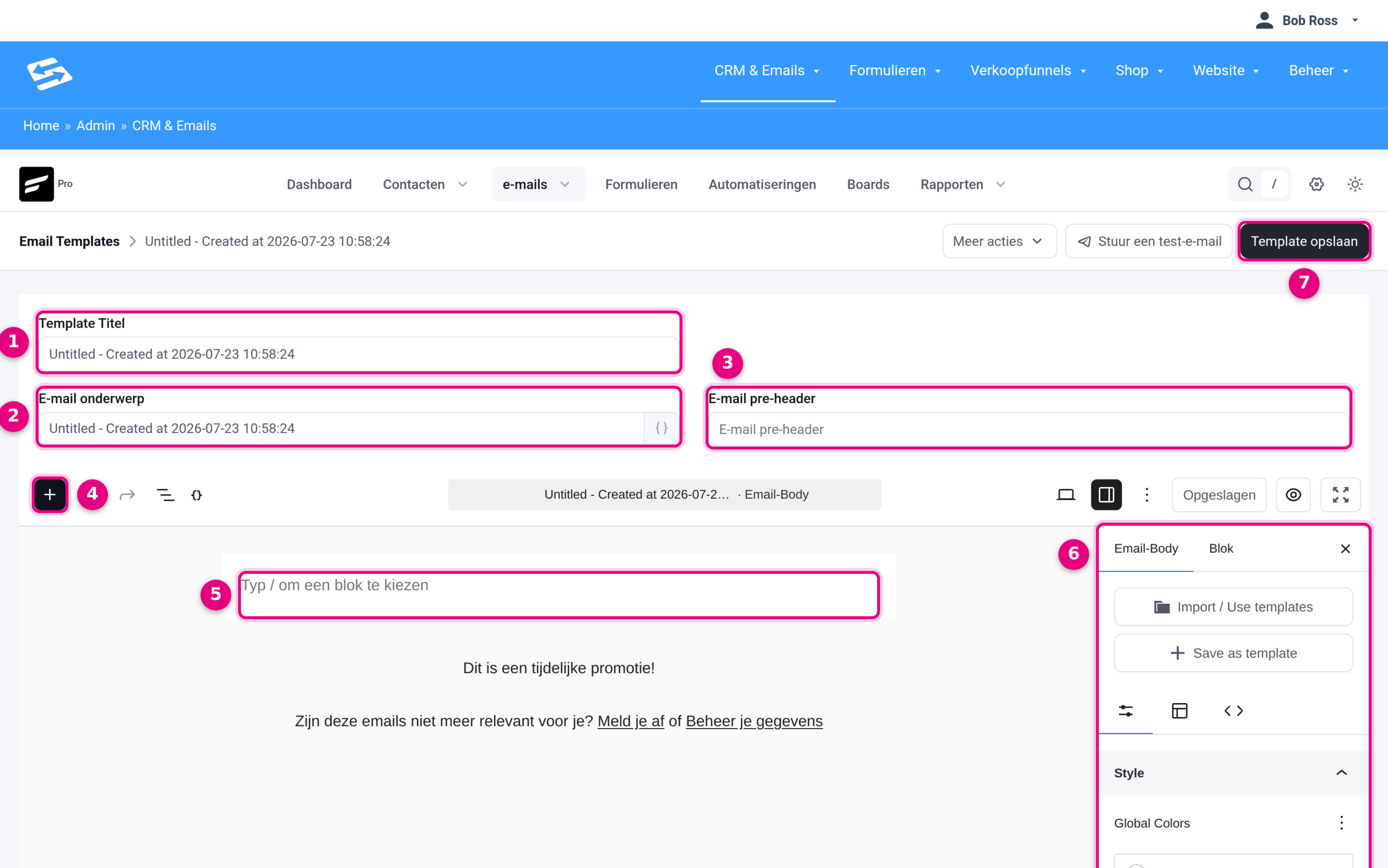 The email template editor with numbered parts: title, subject, pre-header, block inserter, canvas, right hand panel and save button