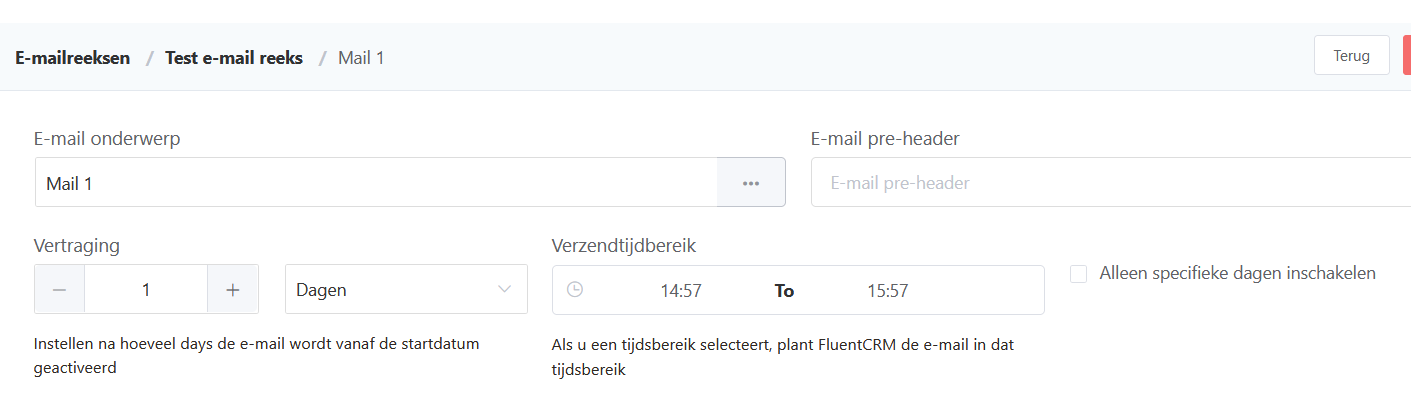 Settings for one email in a sequence, with subject and delay