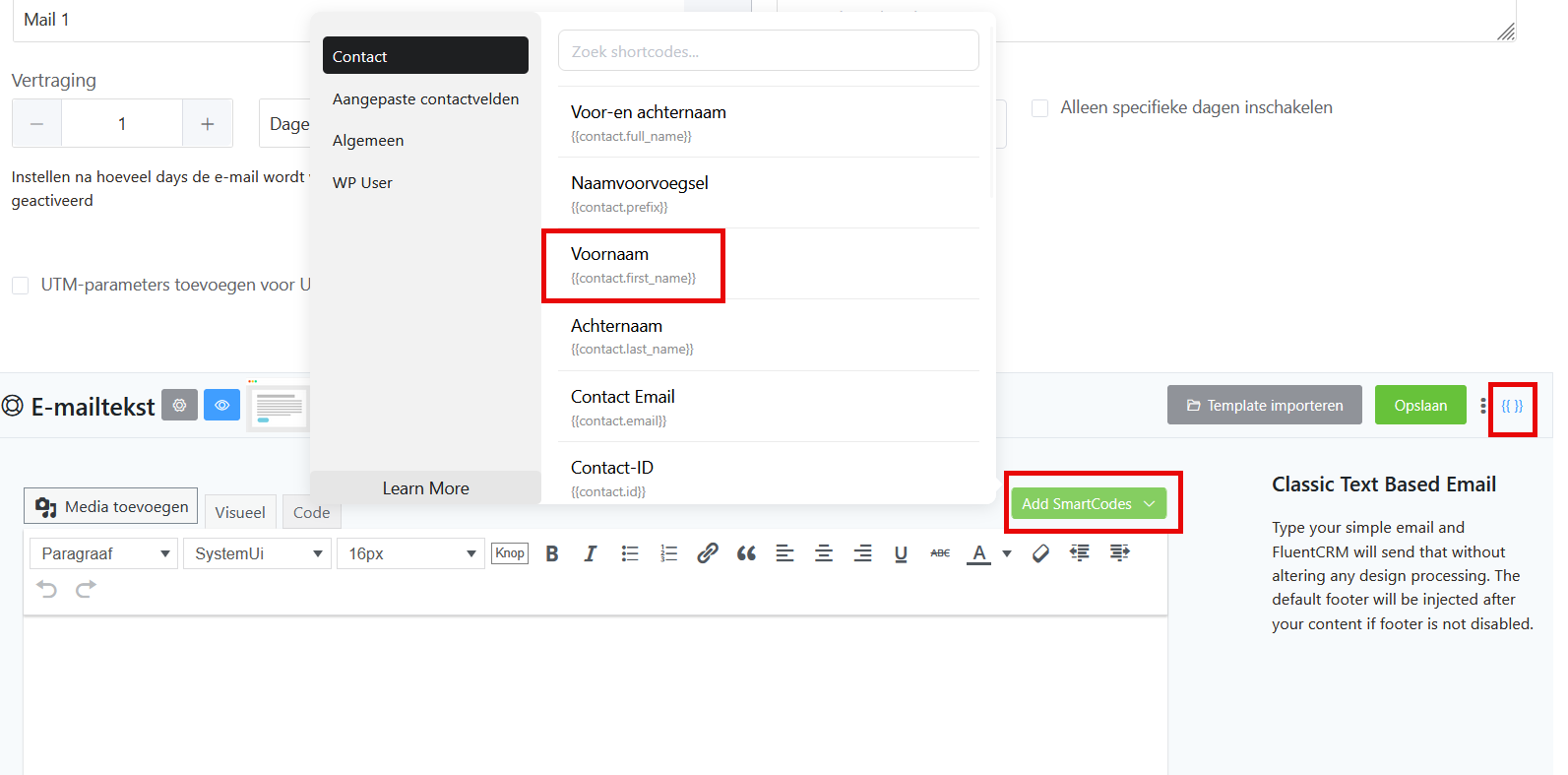 The smart codes panel in the email editor