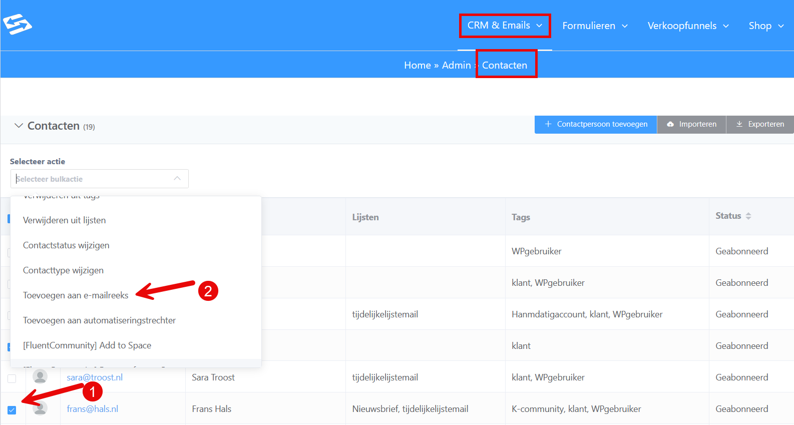 Adding selected contacts to a sequence from the bulk action menu