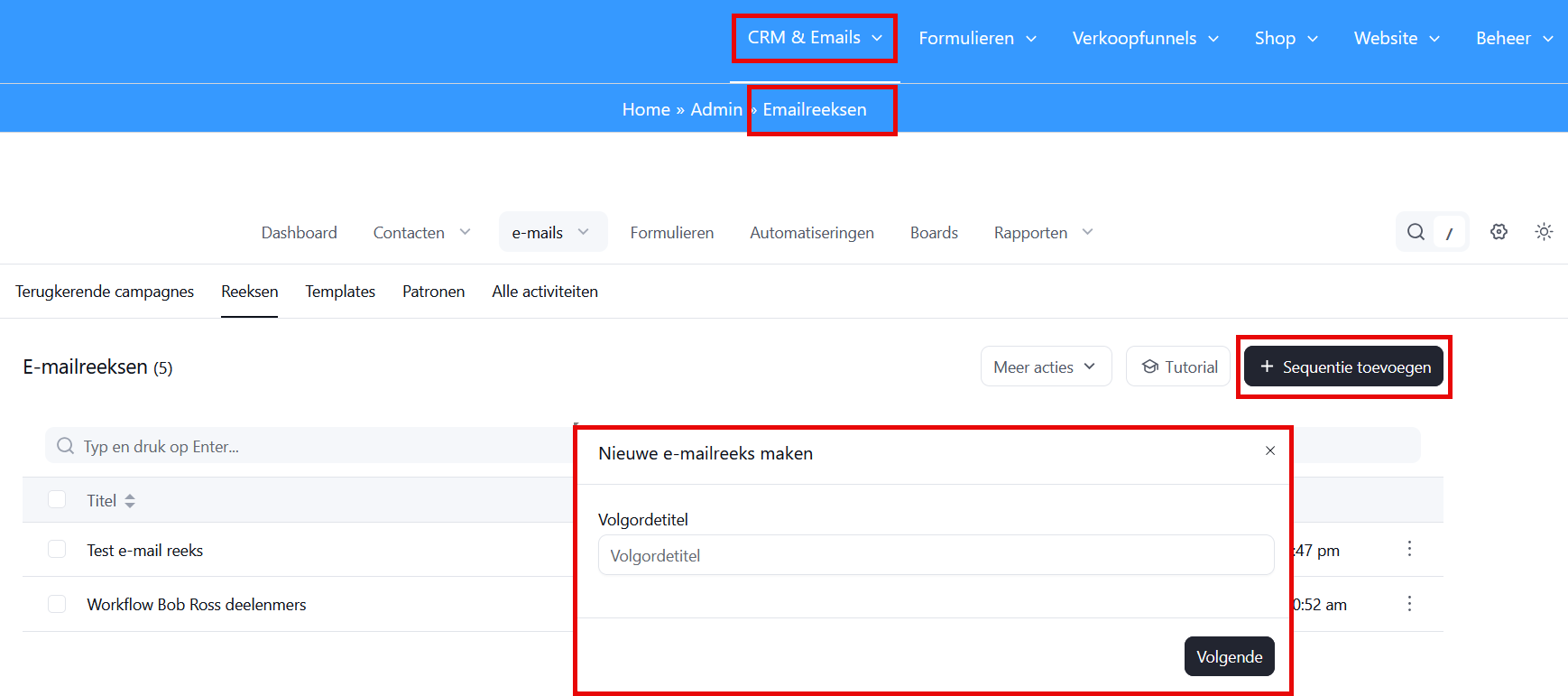 The email sequences overview in the CRM