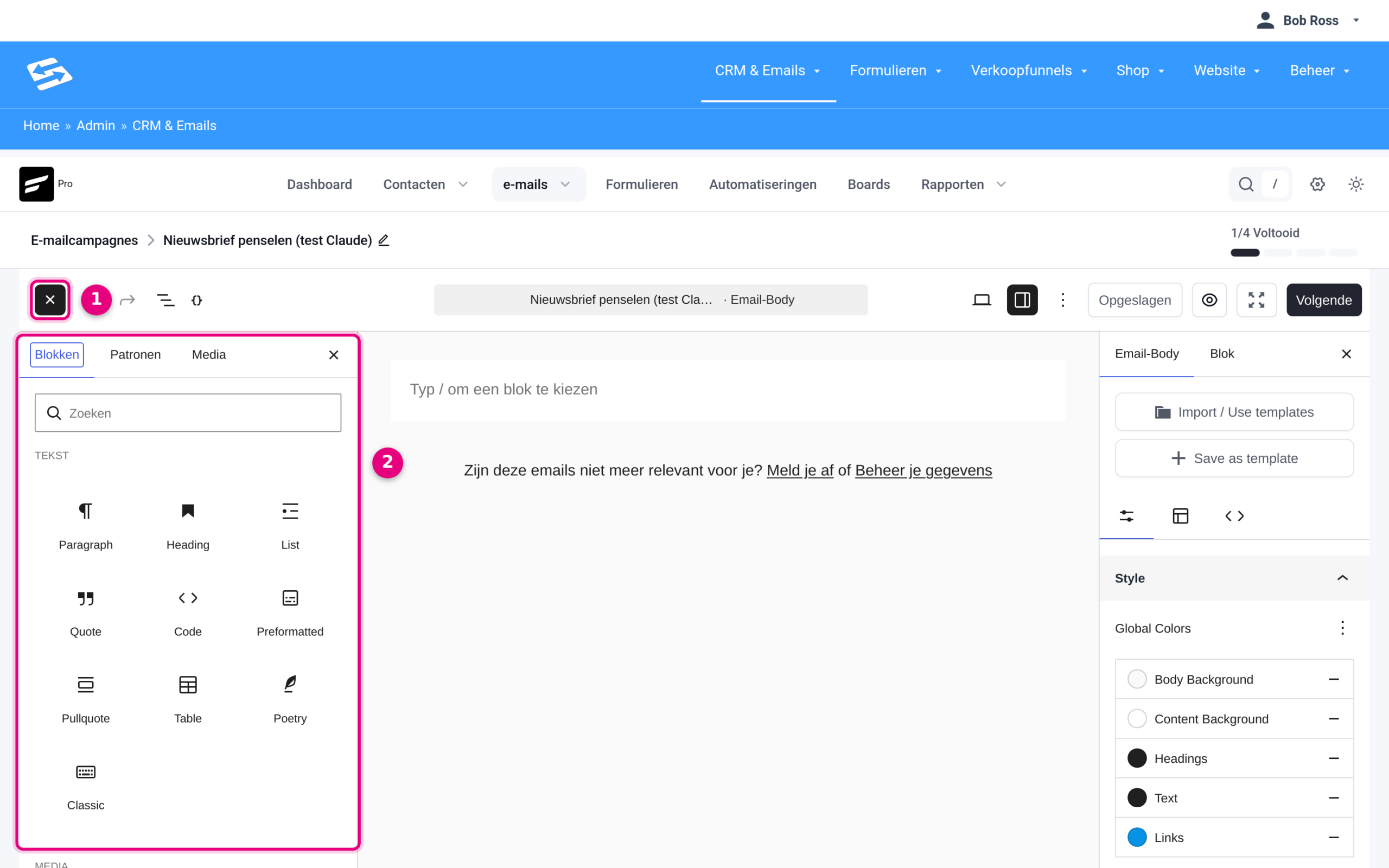 The default block editor with the blocks panel opened through the plus icon at the top left