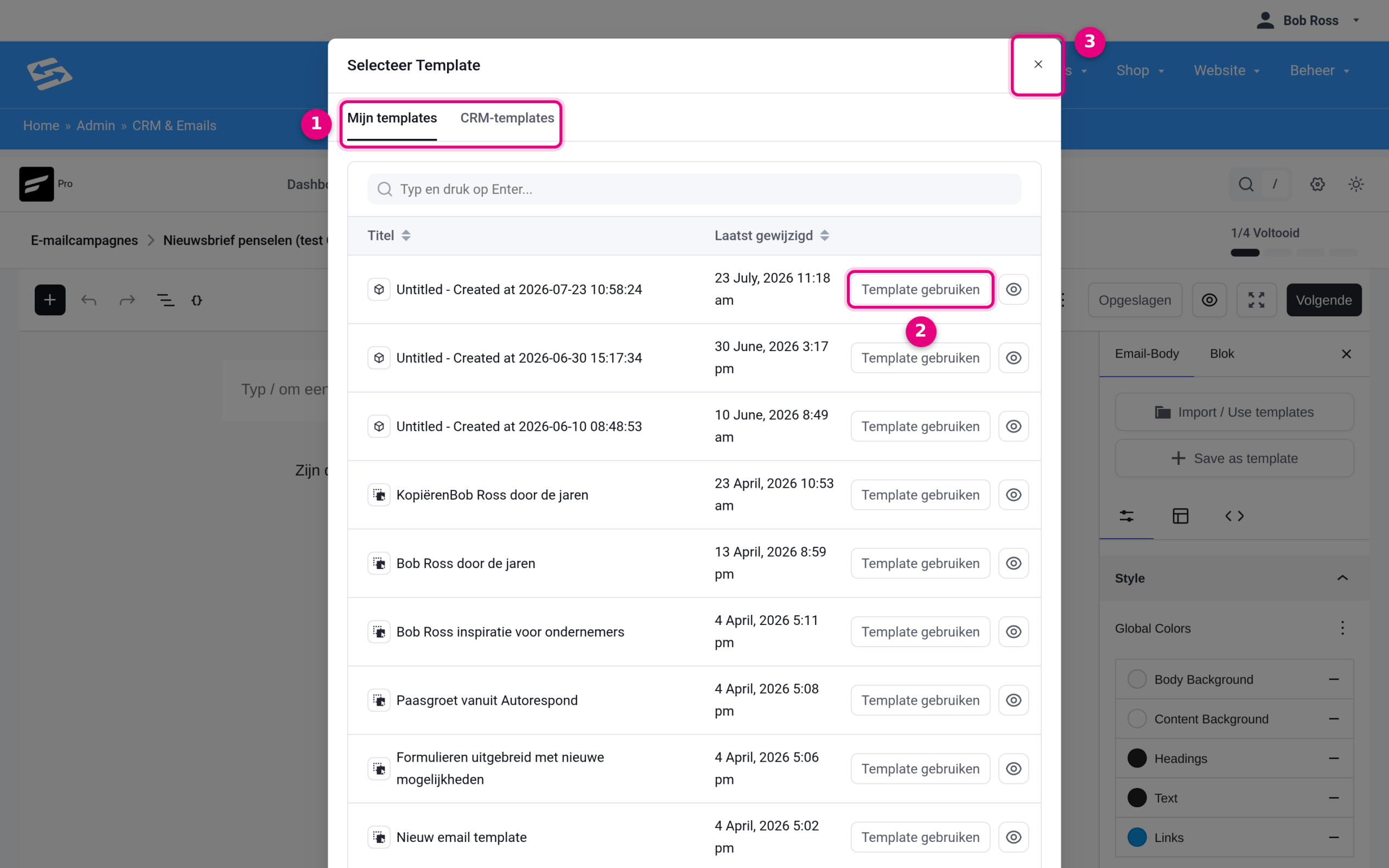 The Select Template window with the My templates and CRM templates tabs and a Use template button per template