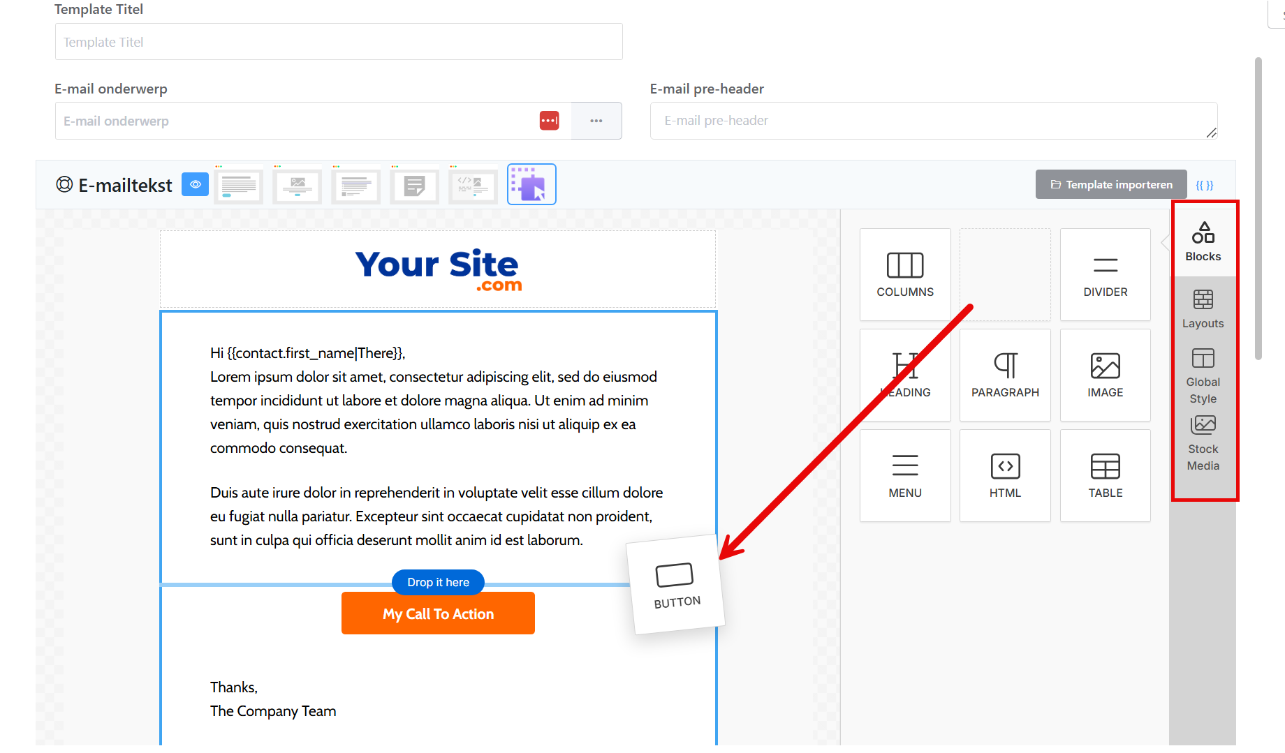 Dragging a block from the blocks tab into the visual editor
