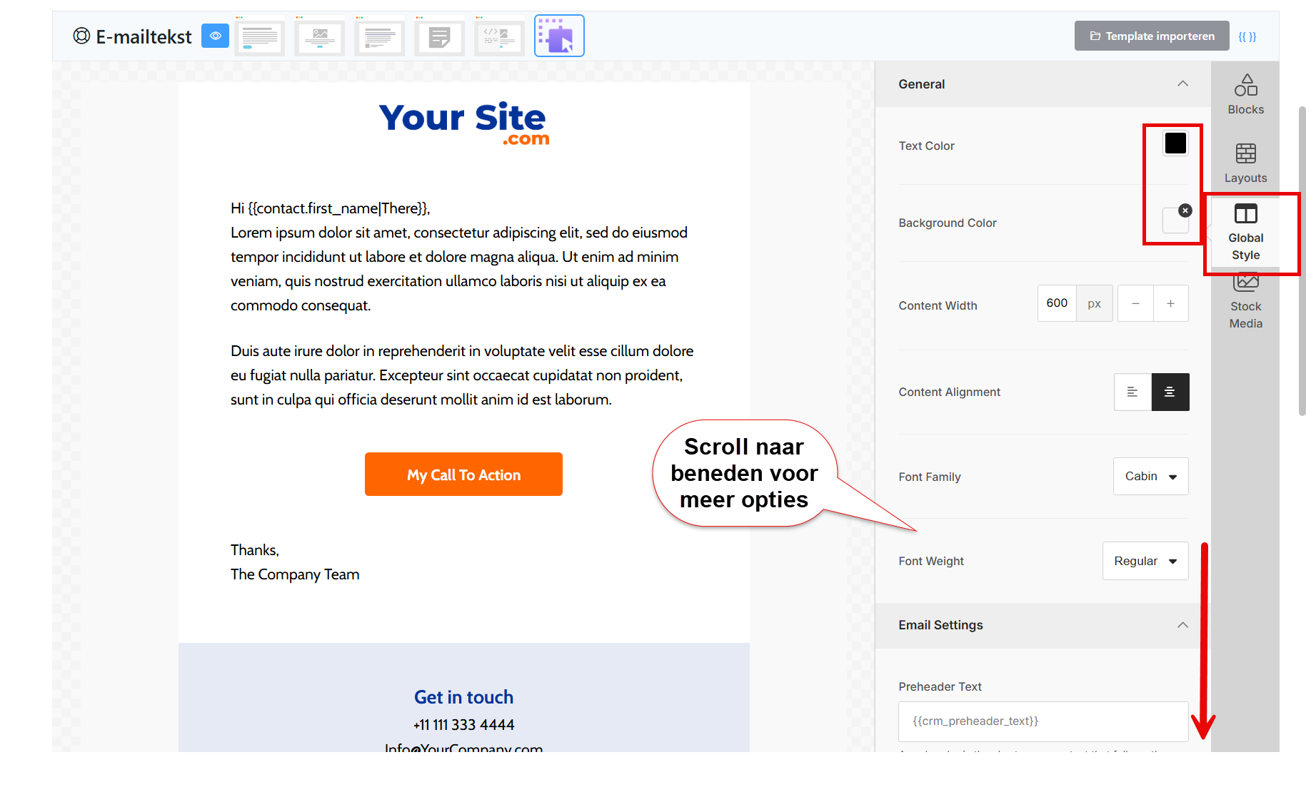 The Global Style tab with colour and font settings