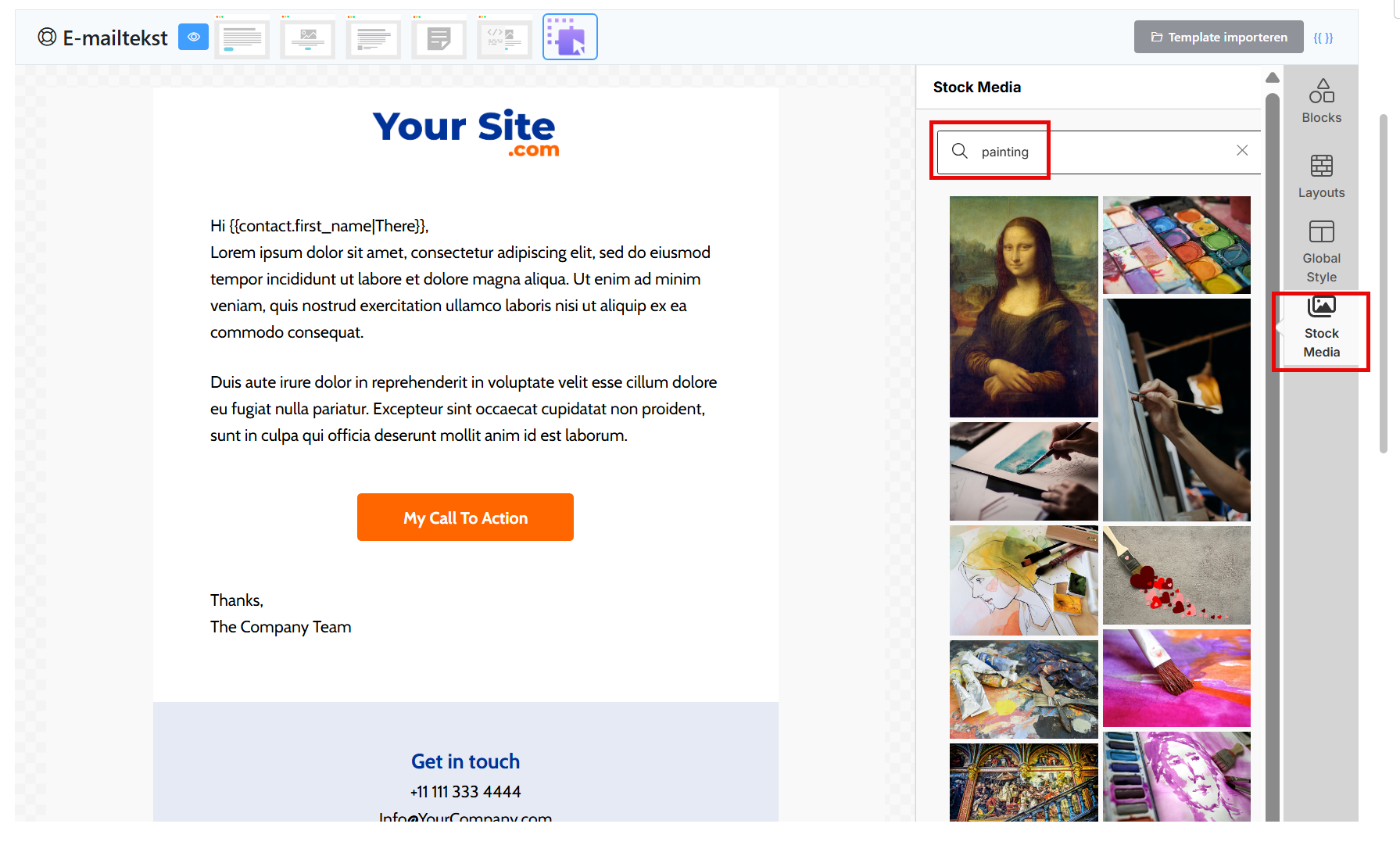 The Stock media tab with images you can use in emails