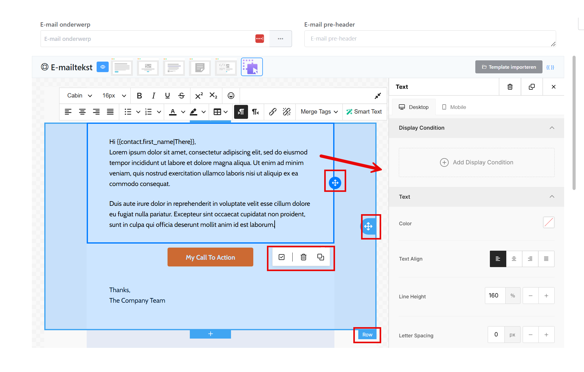 Block settings in the visual editor with the drag, copy and delete icons