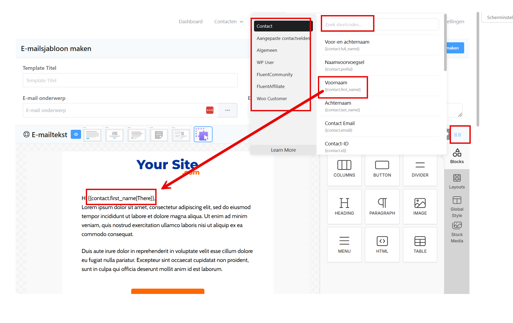 The merge tag panel with the available dynamic fields
