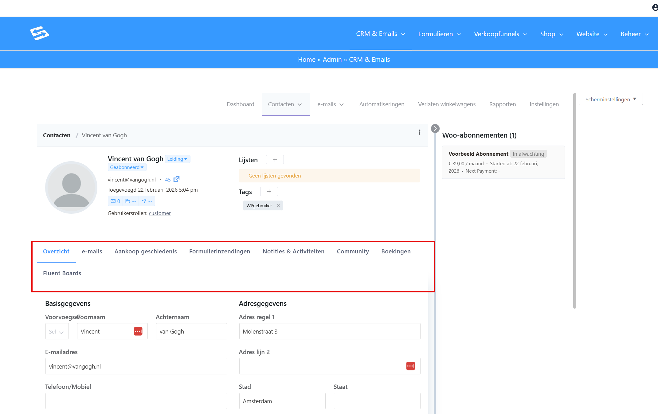 The Overview tab of a contact detail page