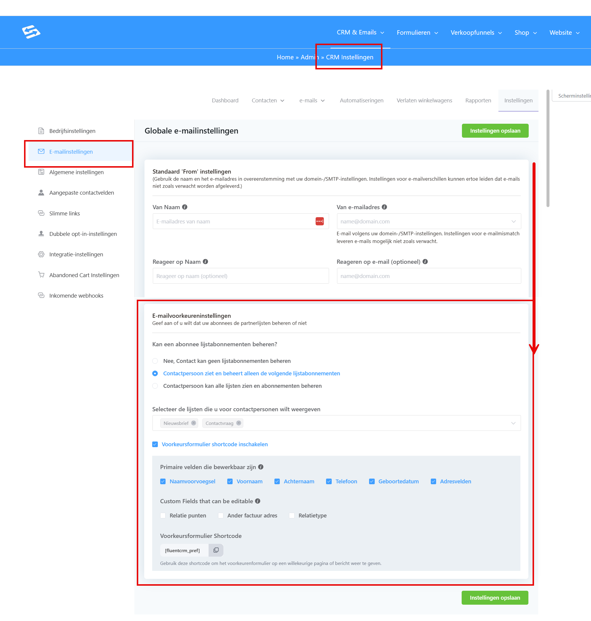 The email preference settings in the CRM email settings