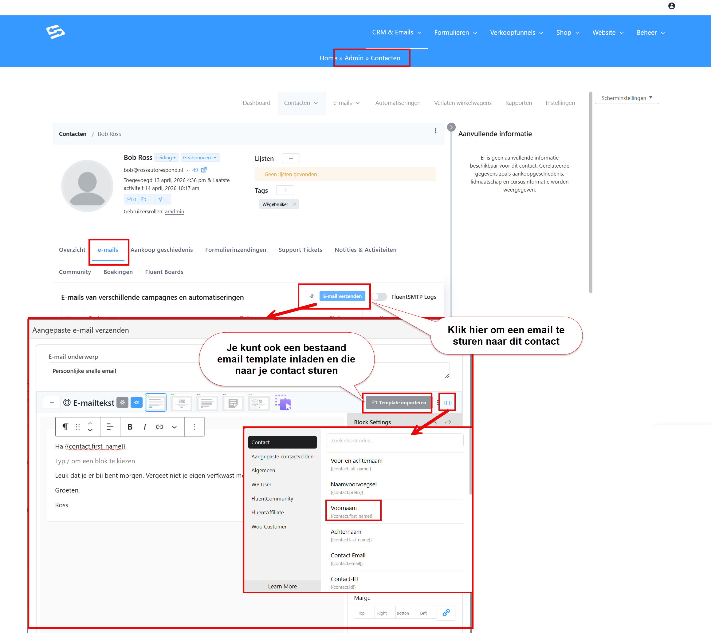The Emails tab in a contact profile with the Send email button