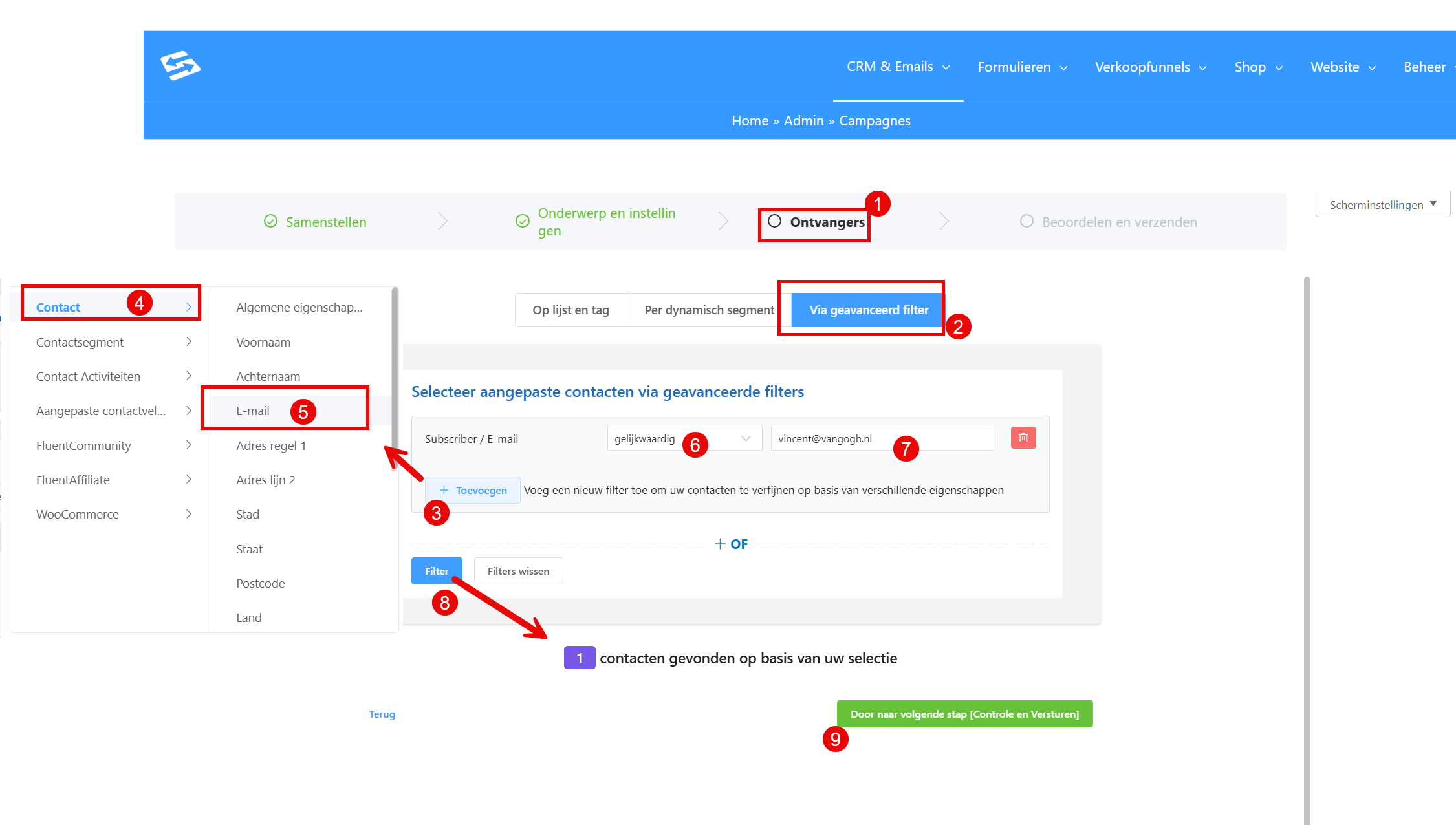 Selecting one contact with the advanced filter in a campaign
