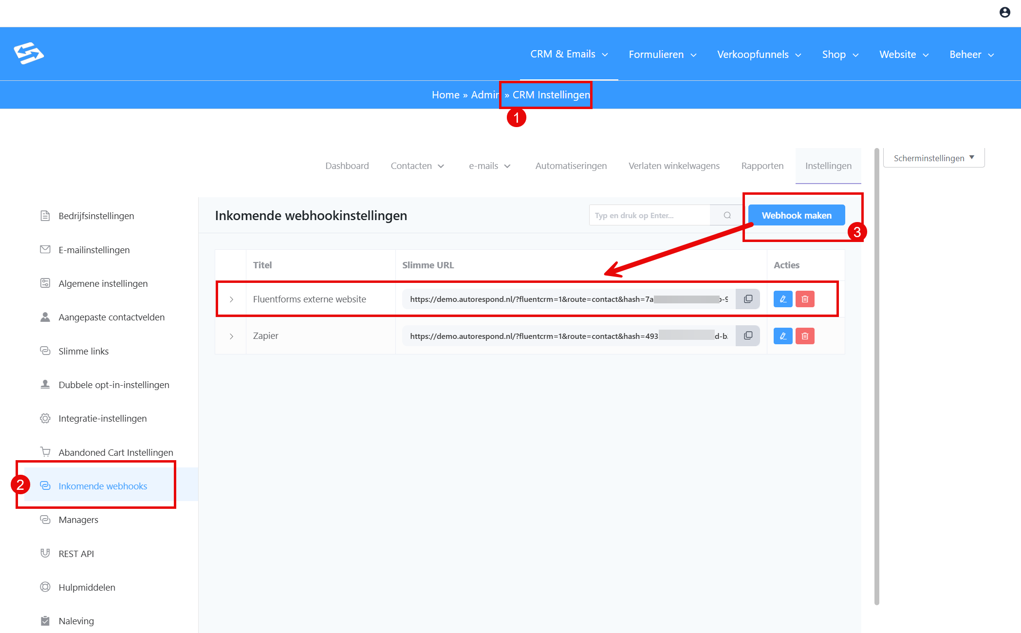 The Incoming WebHooks screen in the CRM settings