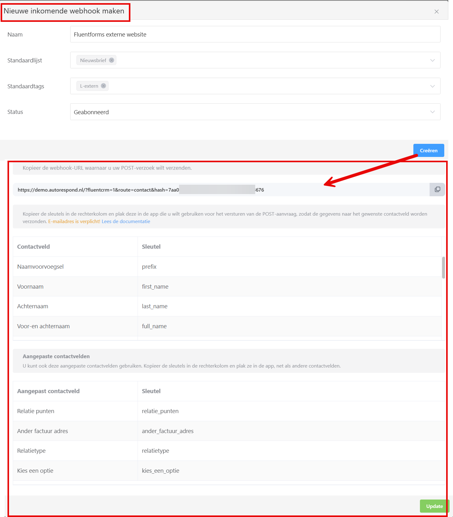 Webhook settings with name, lists, tags and the generated webhook URL