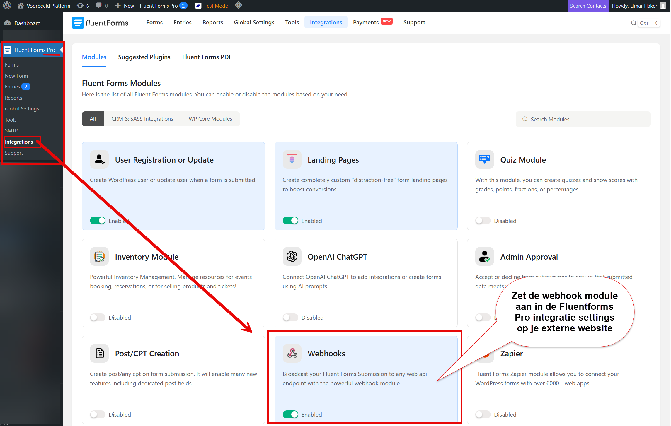 Switching on the webhook module in the Fluent Forms integrations screen