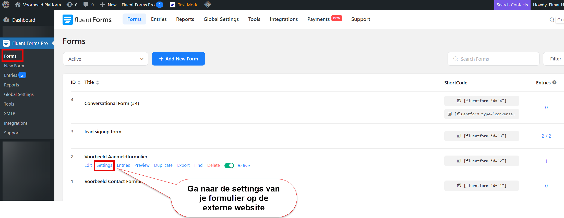 The Webhooks tab inside a form