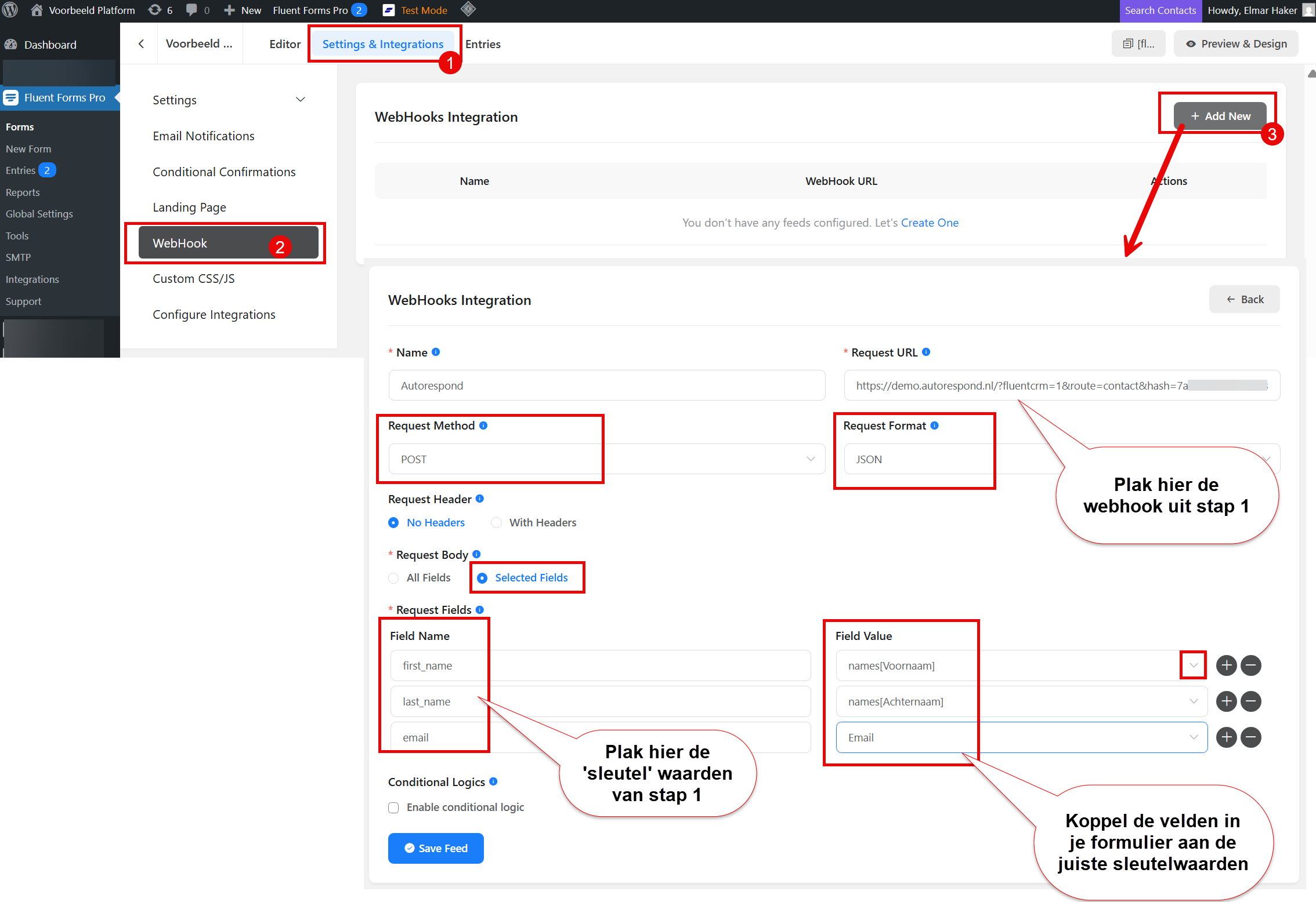 Webhook settings with request URL, method and format