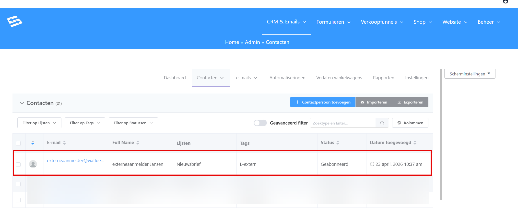 The test contact in the CRM contact list