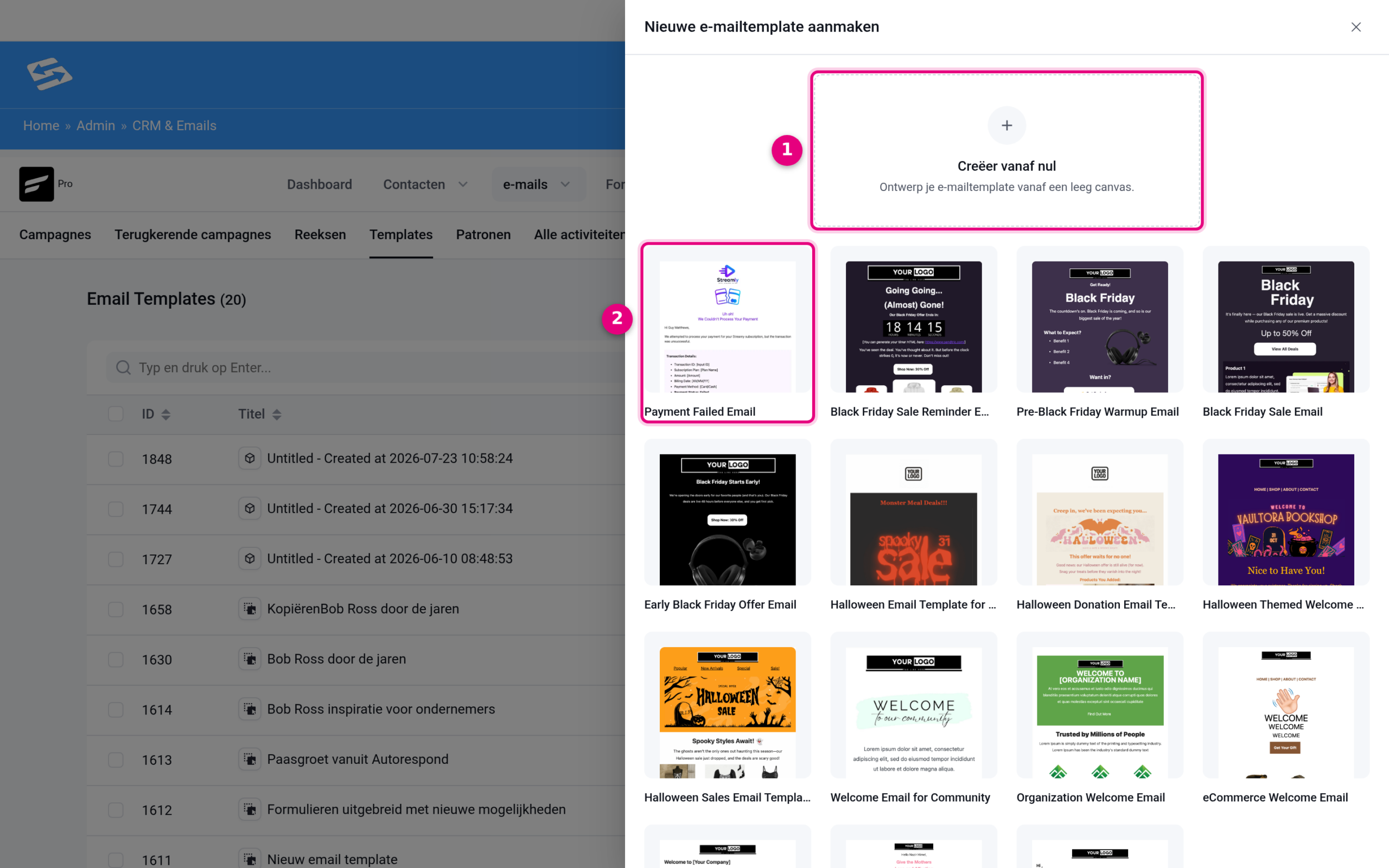 The Create new email template panel with the Start from scratch option and a gallery of ready-made templates