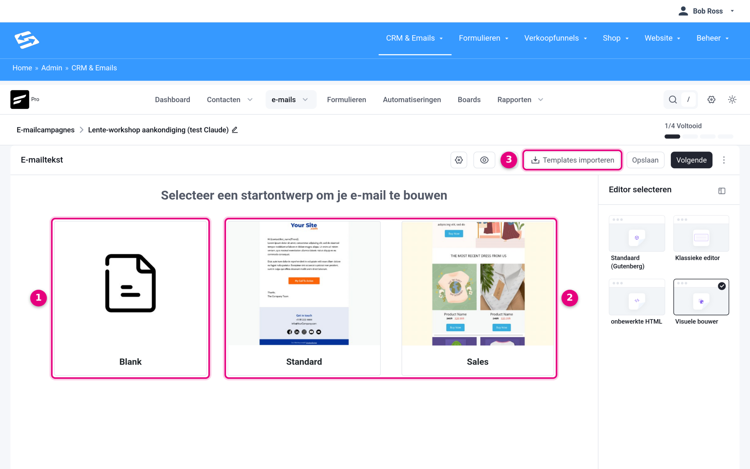 The start screen of the Visual builder with the Blank, Standard and Sales starting designs and the Import templates button